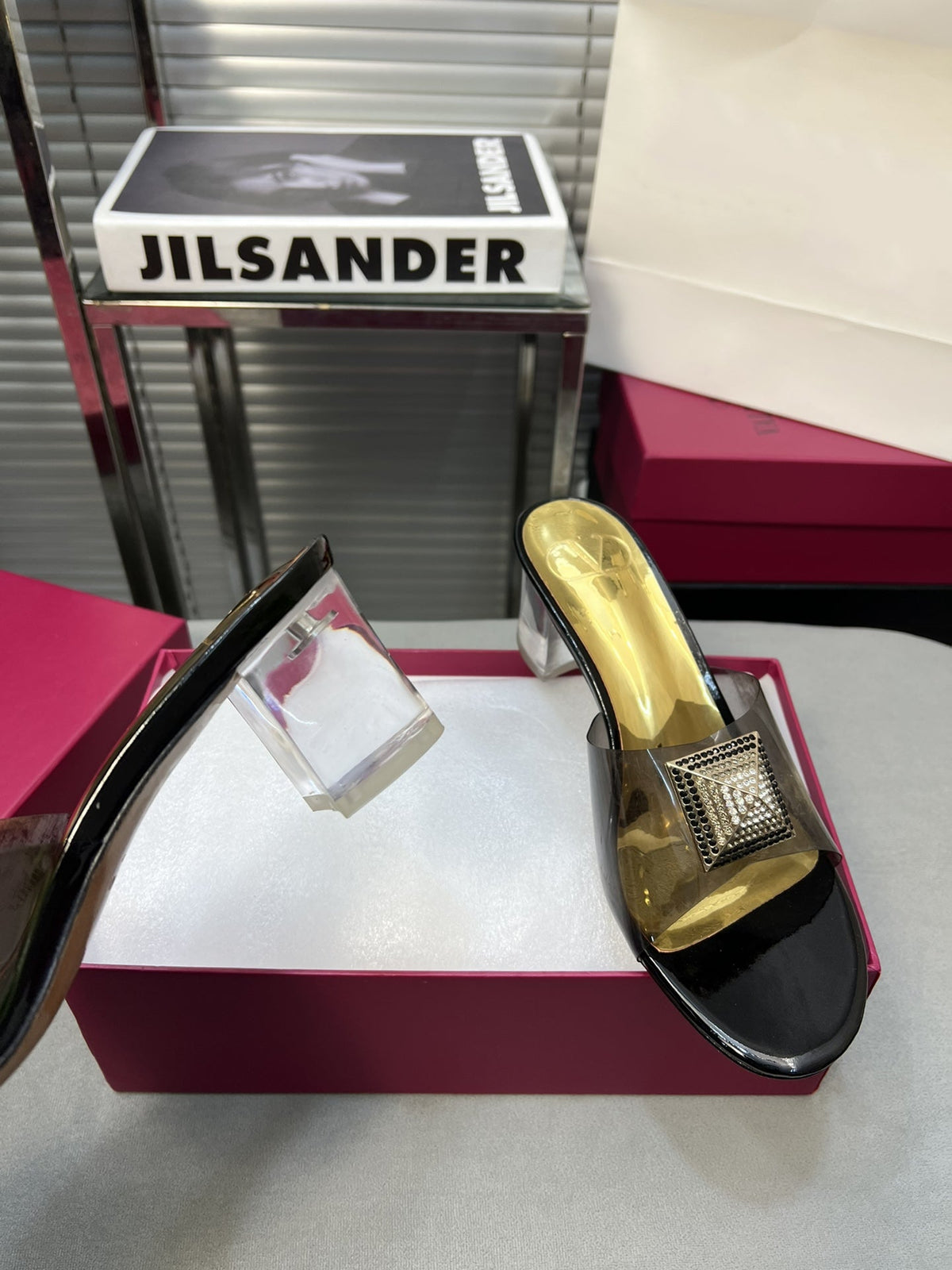 Heeled Sandals 6cm with Crystal Square Buckle Gold and Black