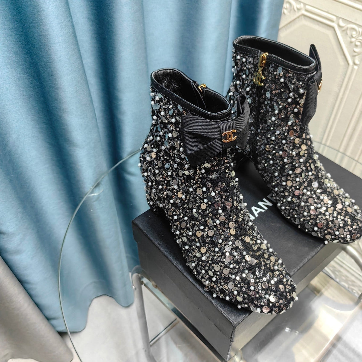 CC Ankle Boots Black Bow Tweed Sequin Beaded Fabric
