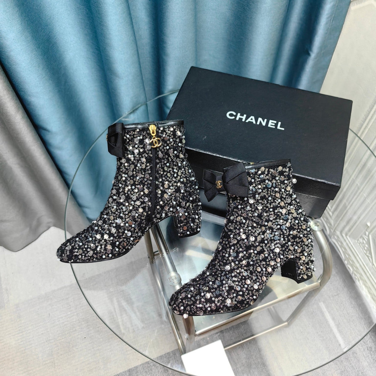 CC Ankle Boots Black Bow Tweed Sequin Beaded Fabric