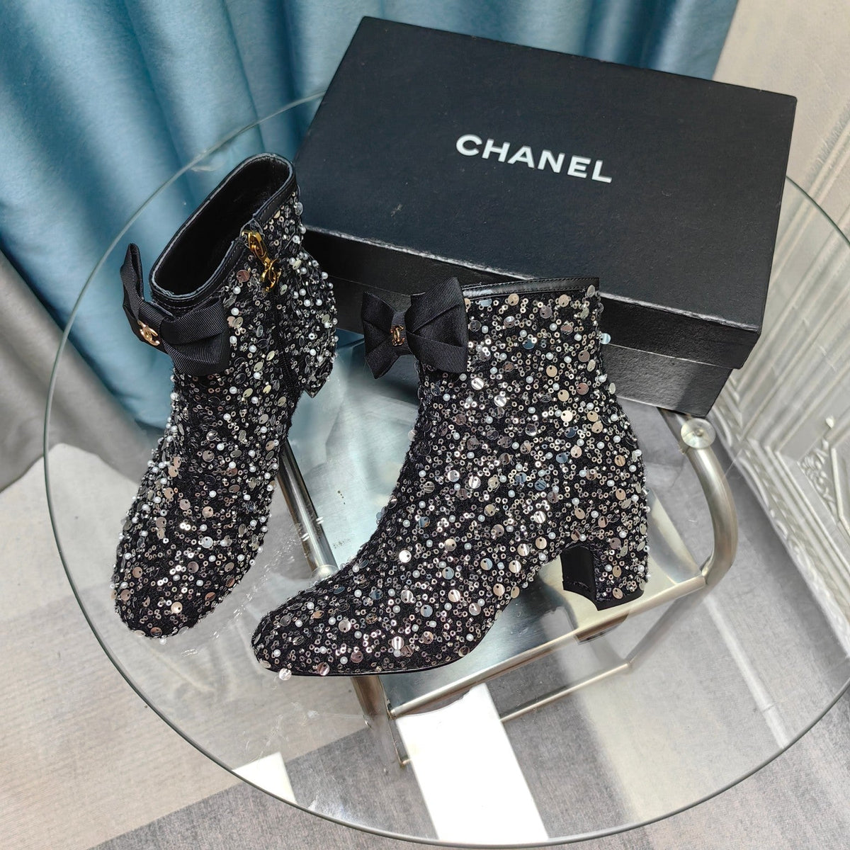 CC Ankle Boots Black Bow Tweed Sequin Beaded Fabric