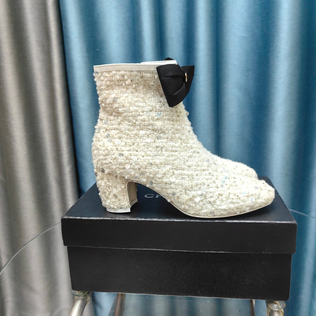 CC Ankle Boots White Bow Tweed Sequin Beaded Fabric