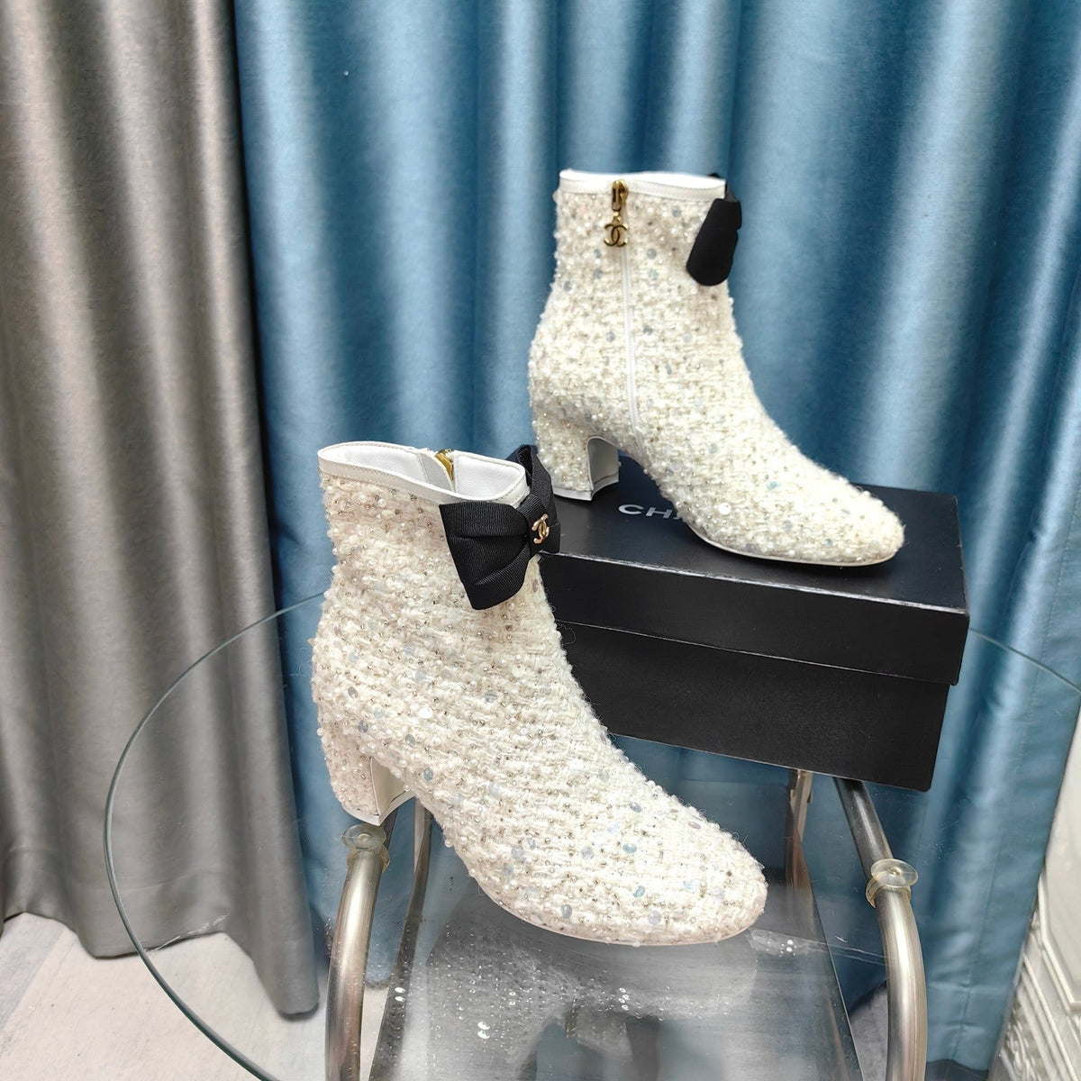 CC Ankle Boots White Bow Tweed Sequin Beaded Fabric
