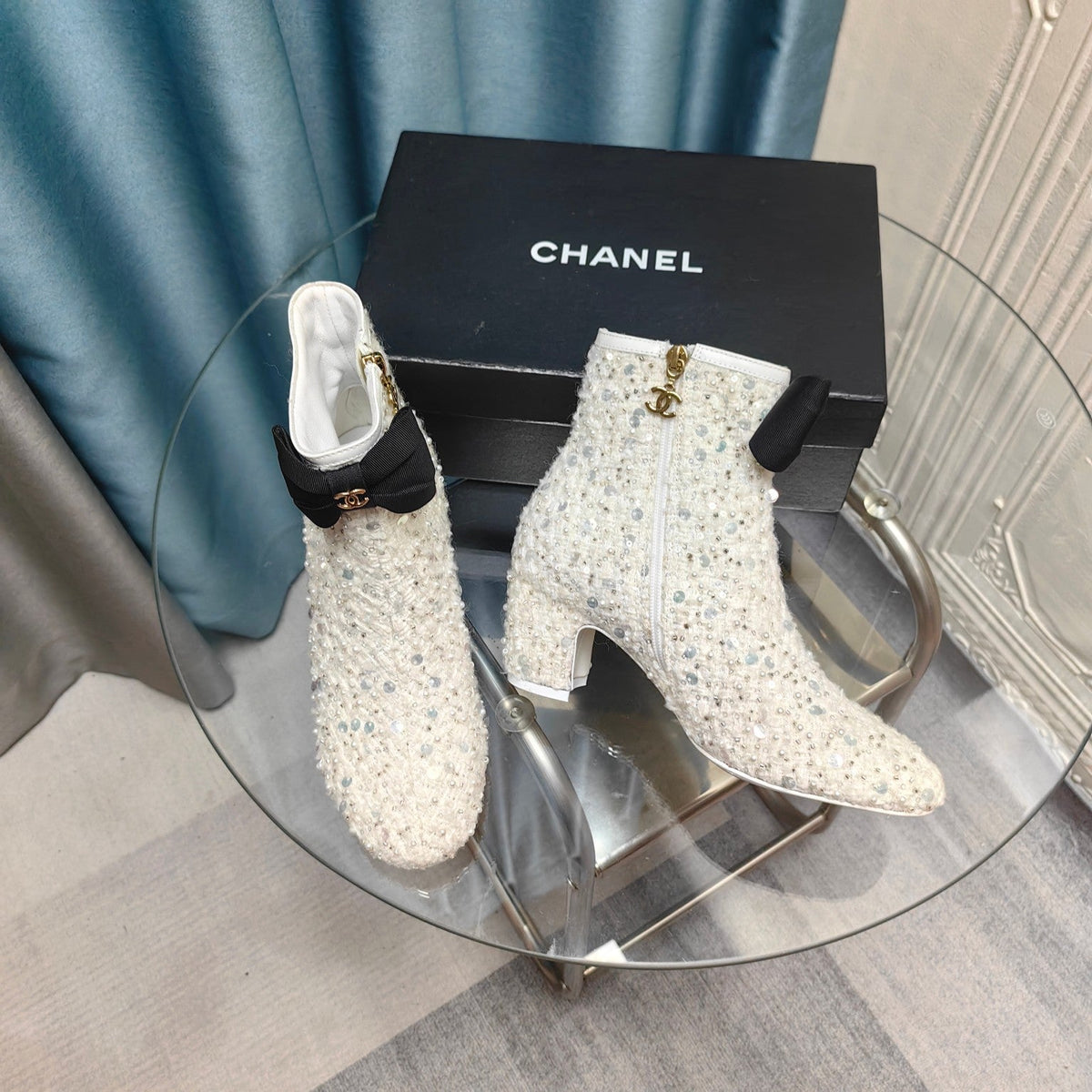 CC Ankle Boots White Bow Tweed Sequin Beaded Fabric