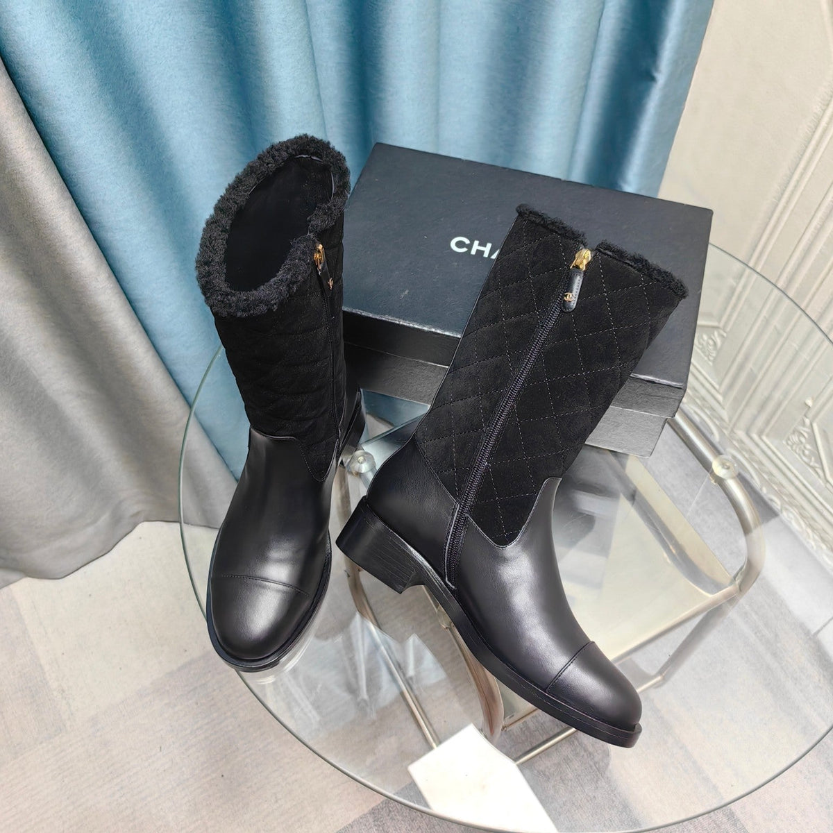 CC Short Boots Black Suede Lining Wool And Lambskin