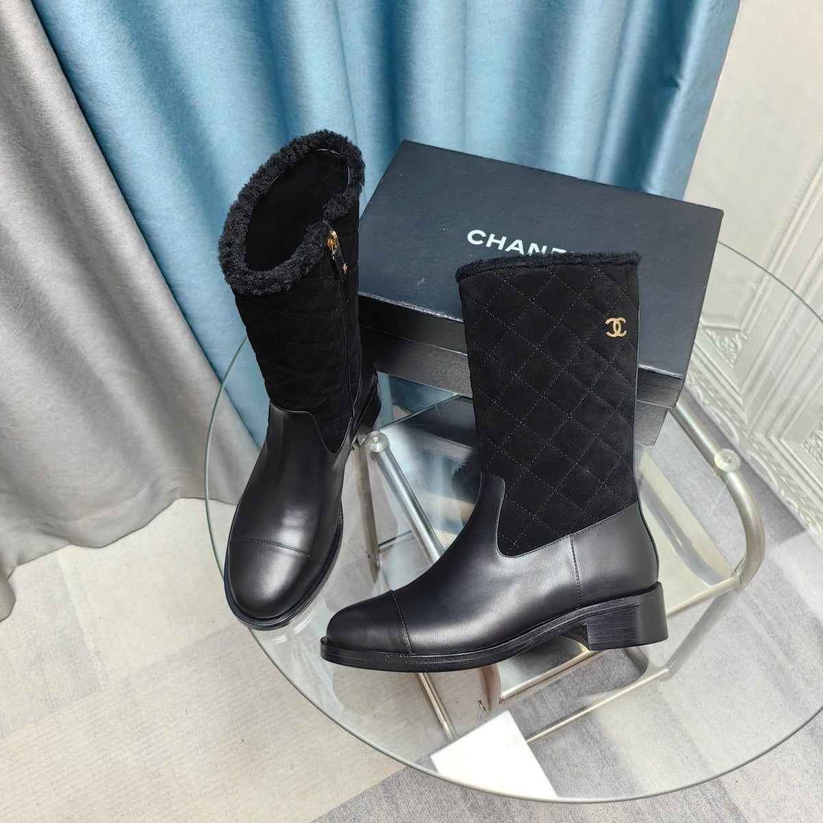 CC Short Boots Black Suede Lining Wool And Lambskin