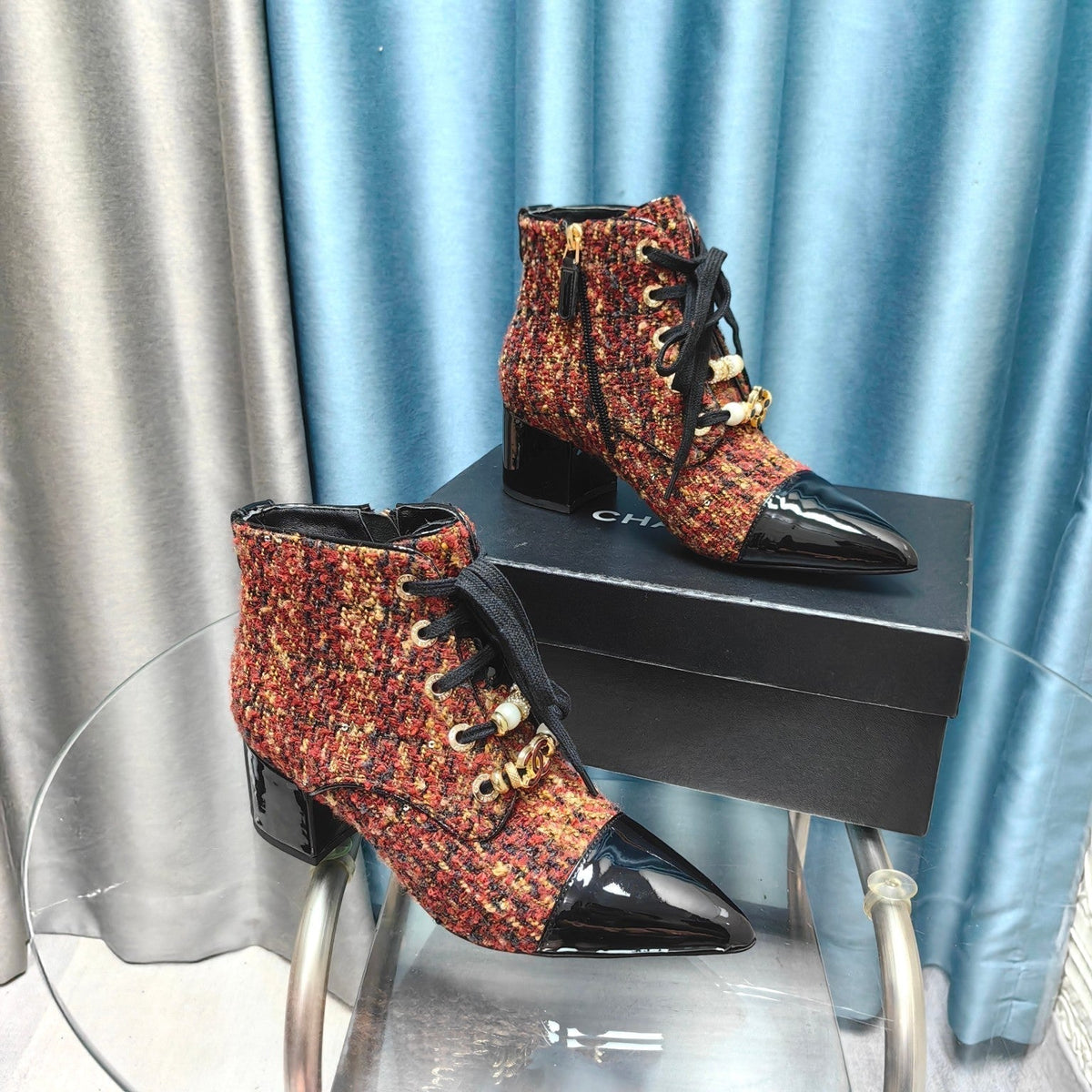 CC Ankle Boots Red Orange Tweed Fabric And Lambskin