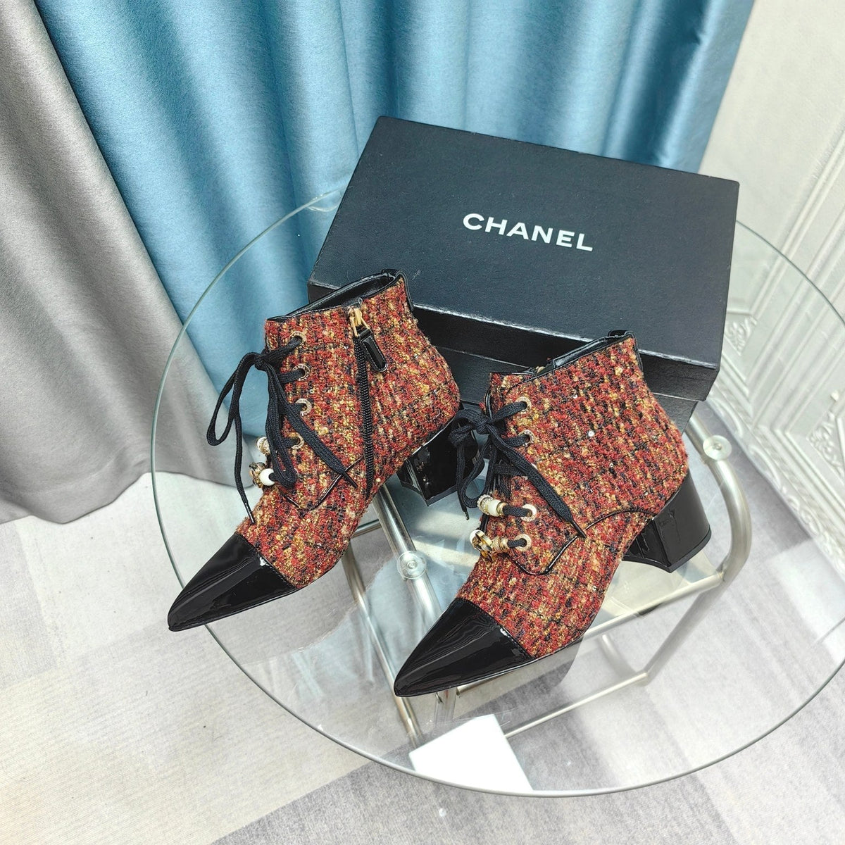 CC Ankle Boots Red Orange Tweed Fabric And Lambskin