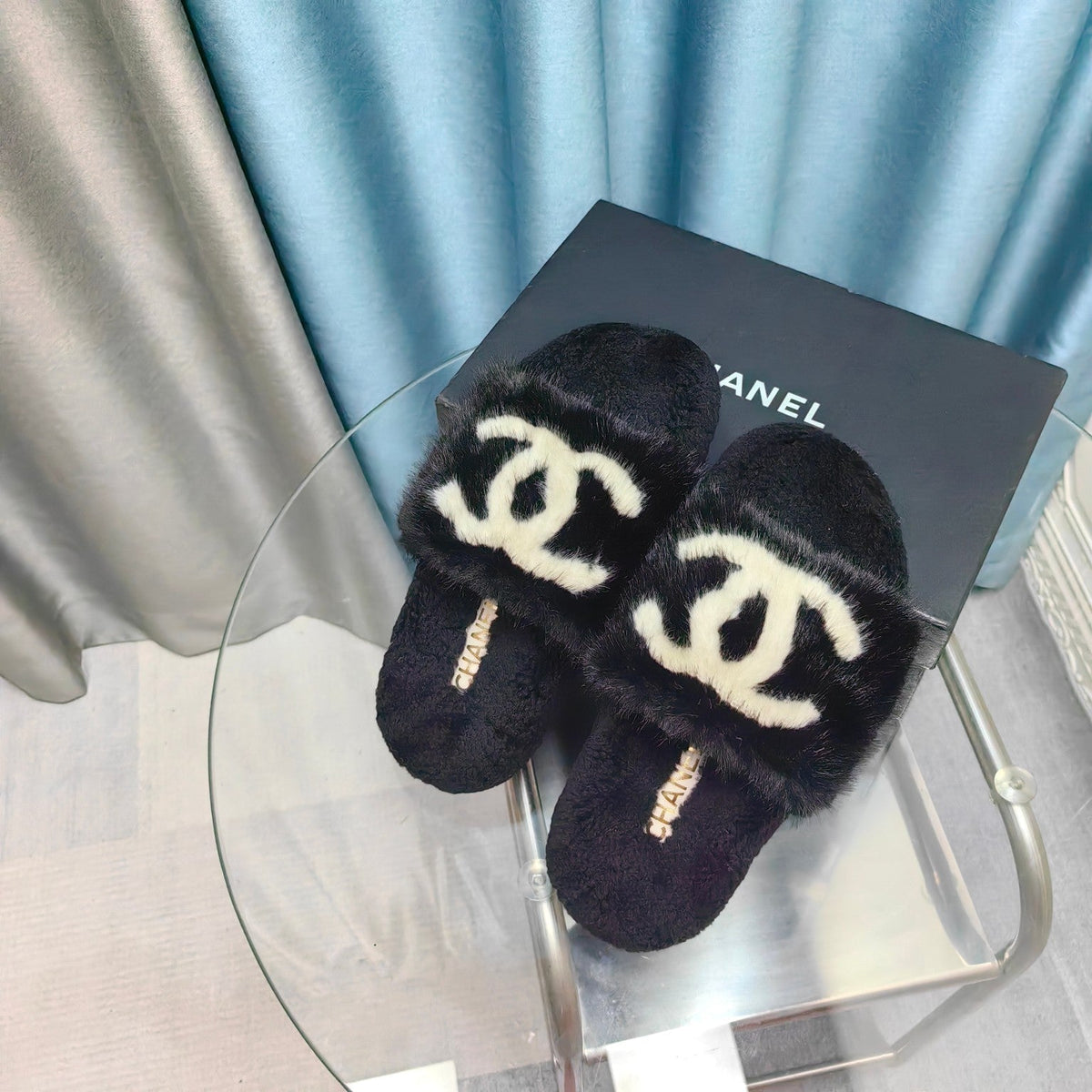 CC Slippers Black White Text Fleece Wool