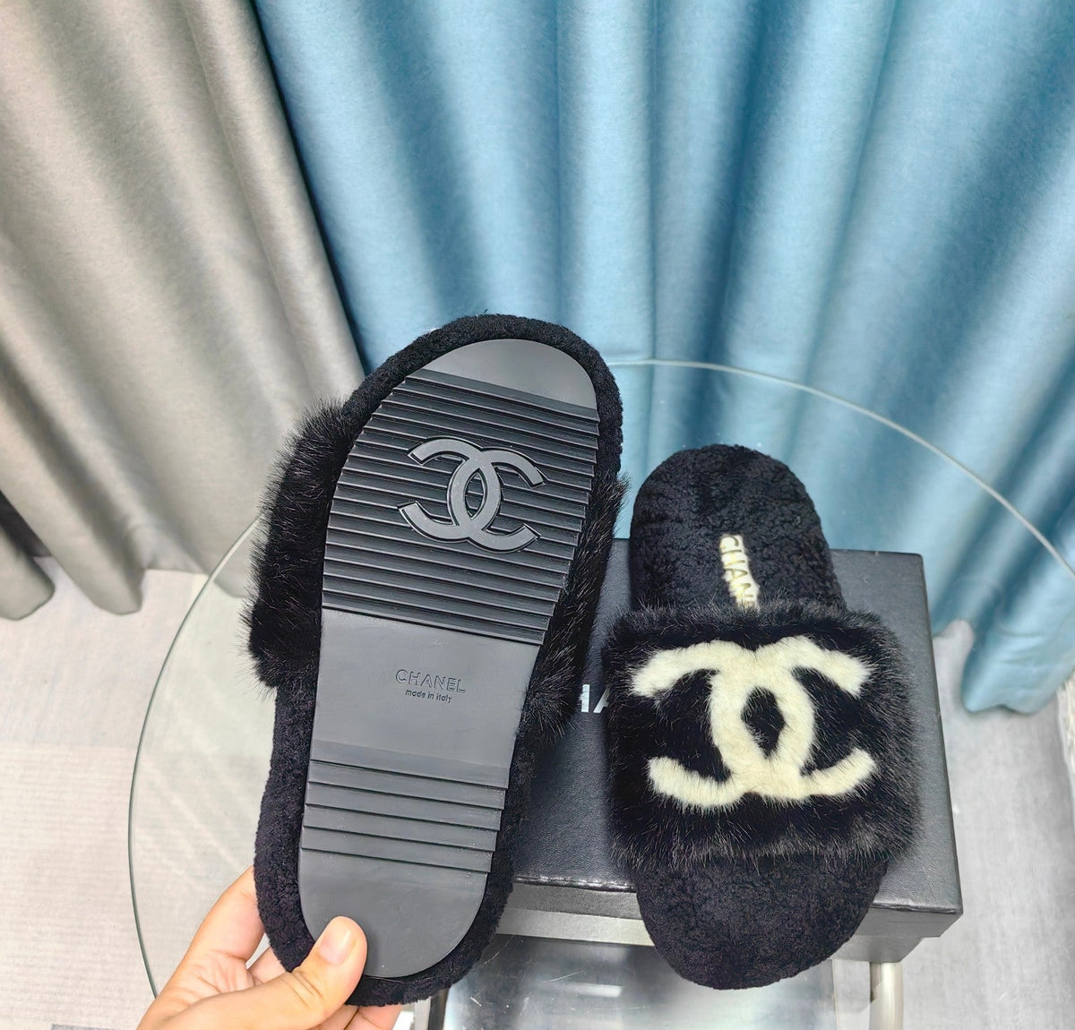 CC Slippers Black White Text Fleece Wool
