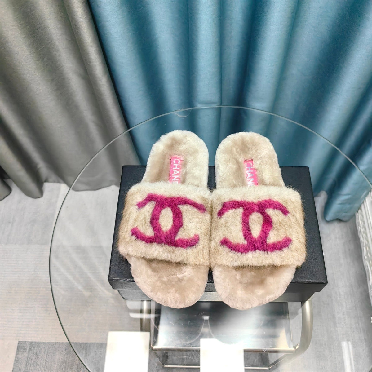 CC Slippers Beige Pink Text Fleece Wool