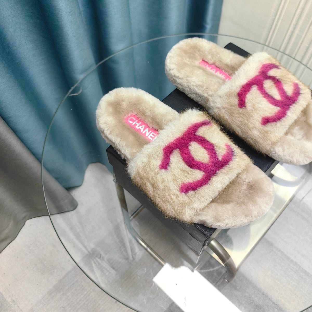 CC Slippers Beige Pink Text Fleece Wool