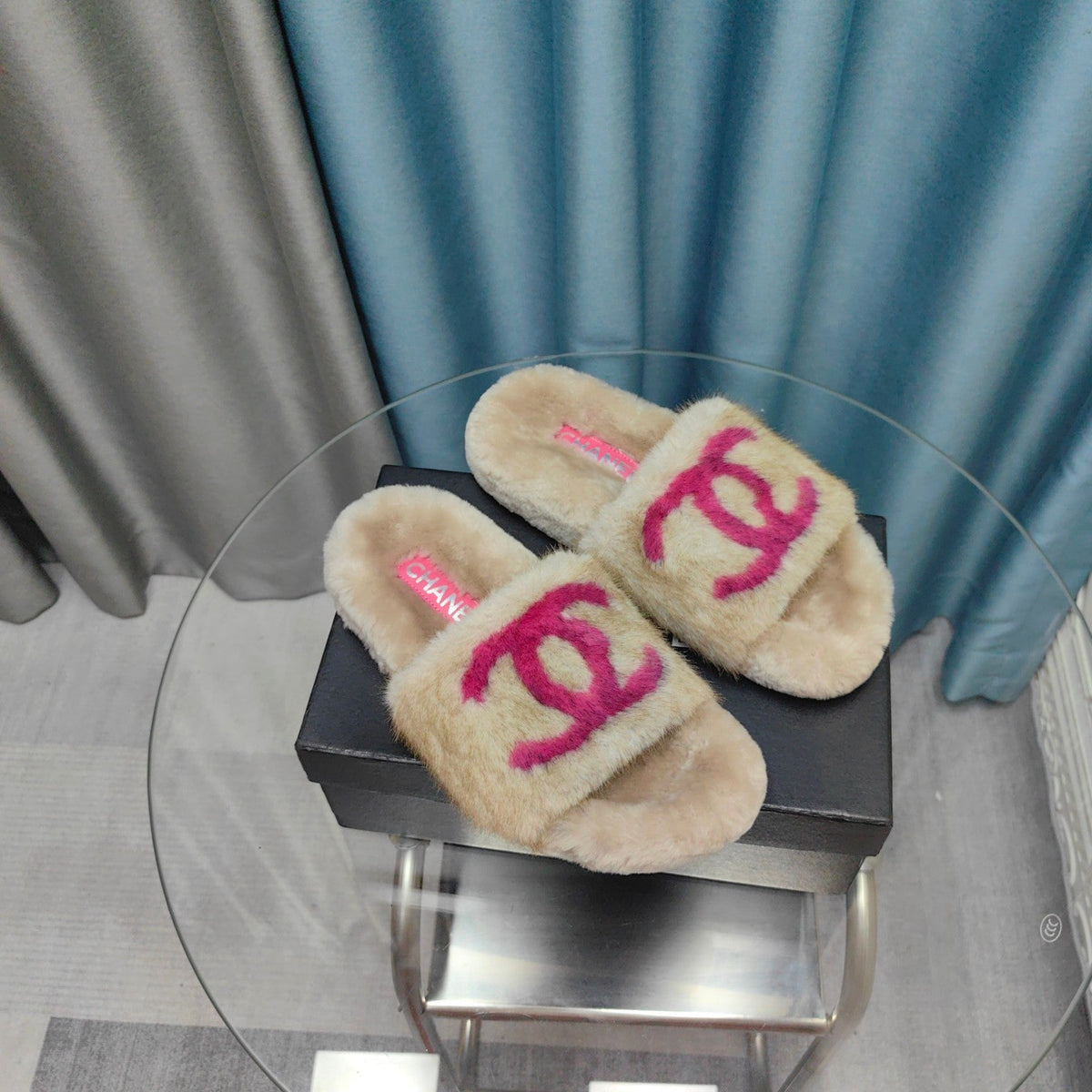CC Slippers Beige Pink Text Fleece Wool