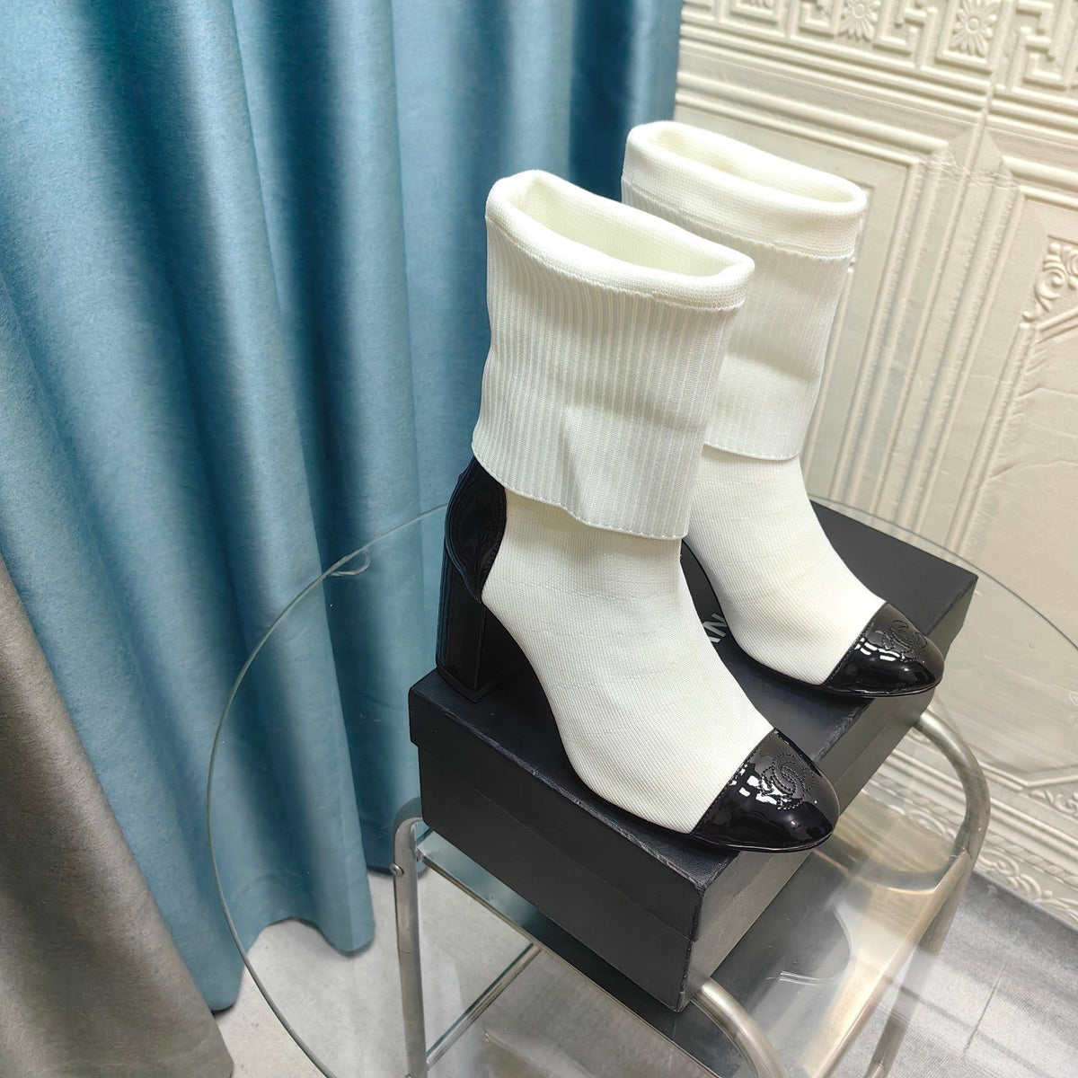 CC Short Boots 80mm White Wool Fabric And Lambskin