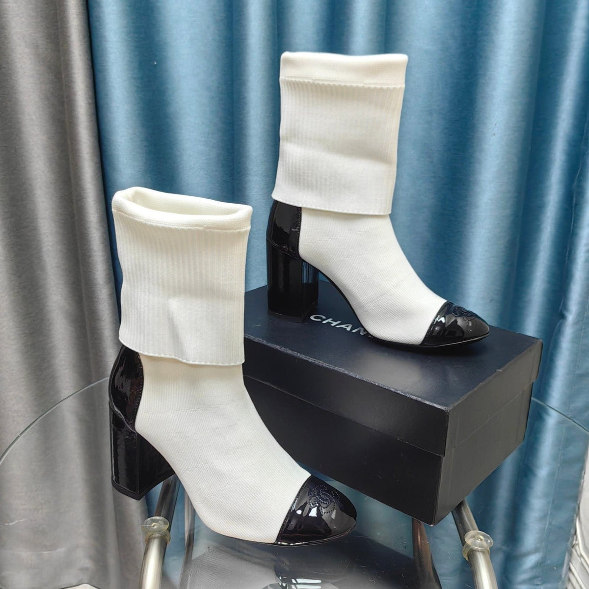 CC Short Boots 80mm White Wool Fabric And Lambskin