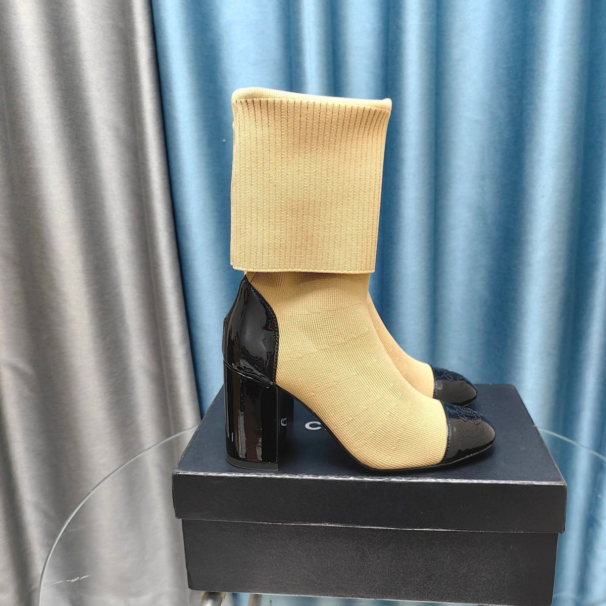 CC Short Boots 80mm Beige Wool Fabric And Lambskin