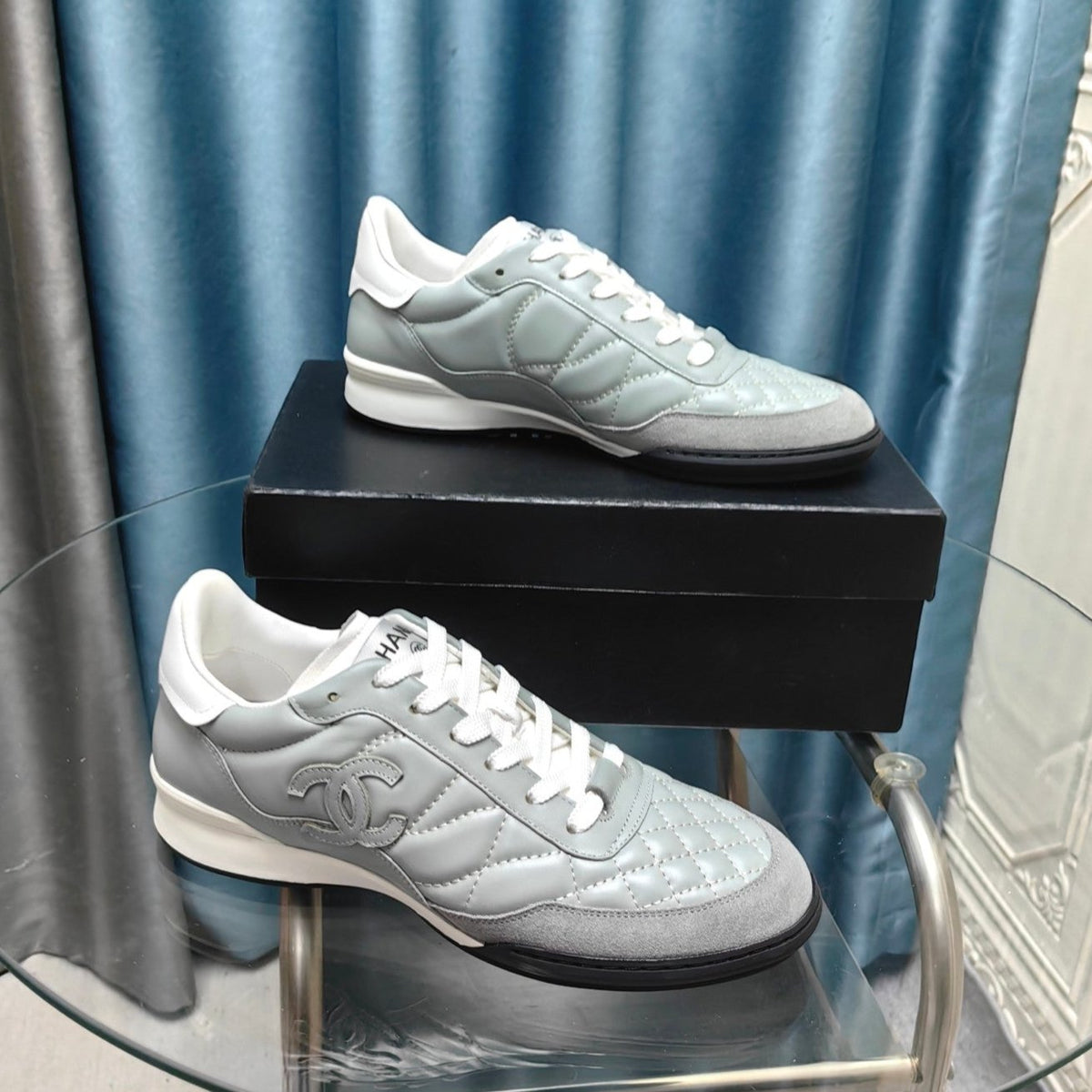 CC Sneaker Grey Quilted Cowhide And Suede