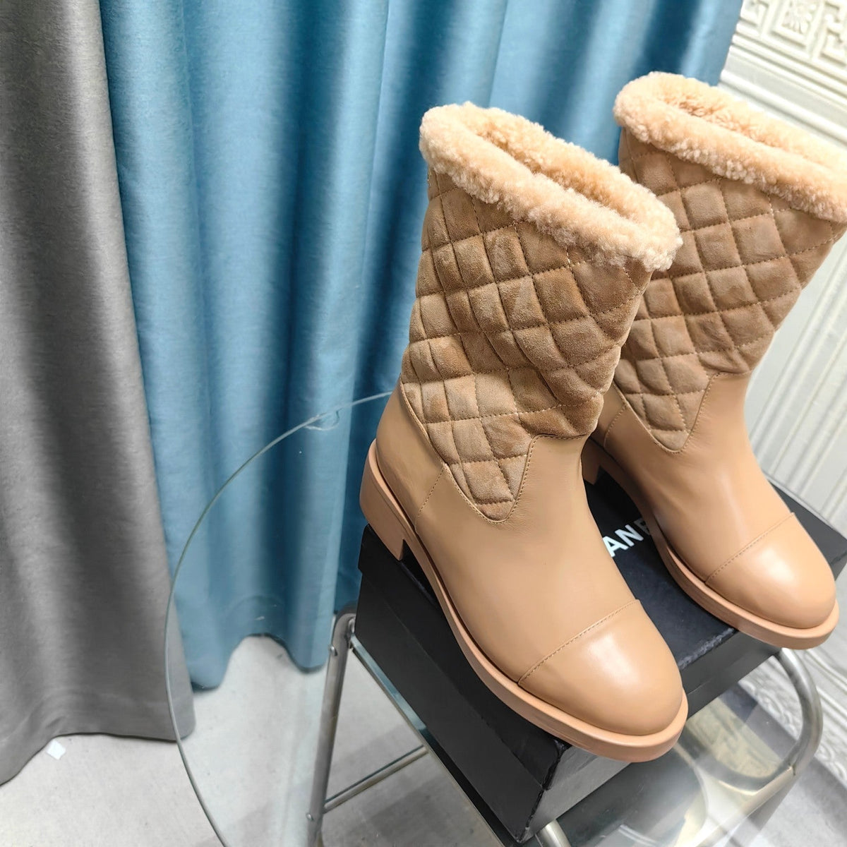 CC Short Boots Beige Suede Lining Wool And Lambskin