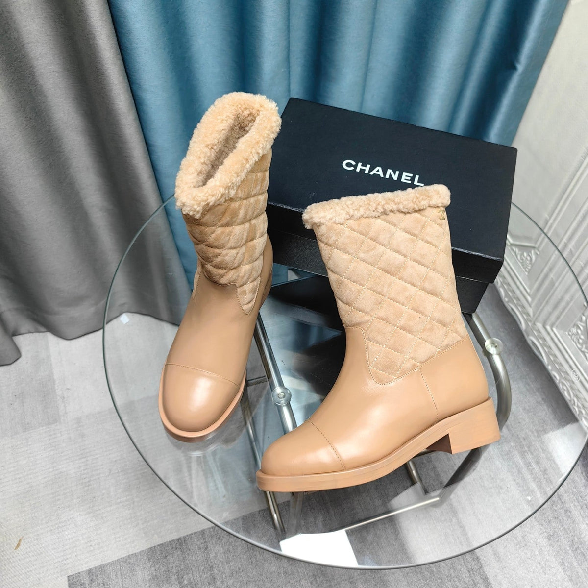 CC Short Boots Beige Suede Lining Wool And Lambskin