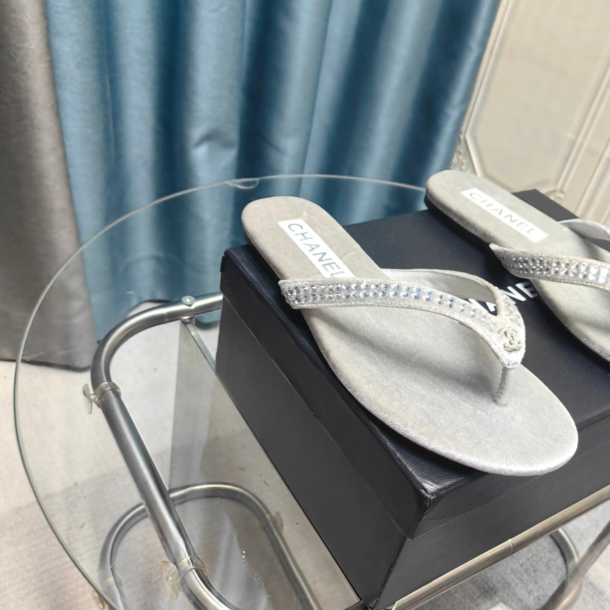 CC Thong Grey Velvet Silver Strass