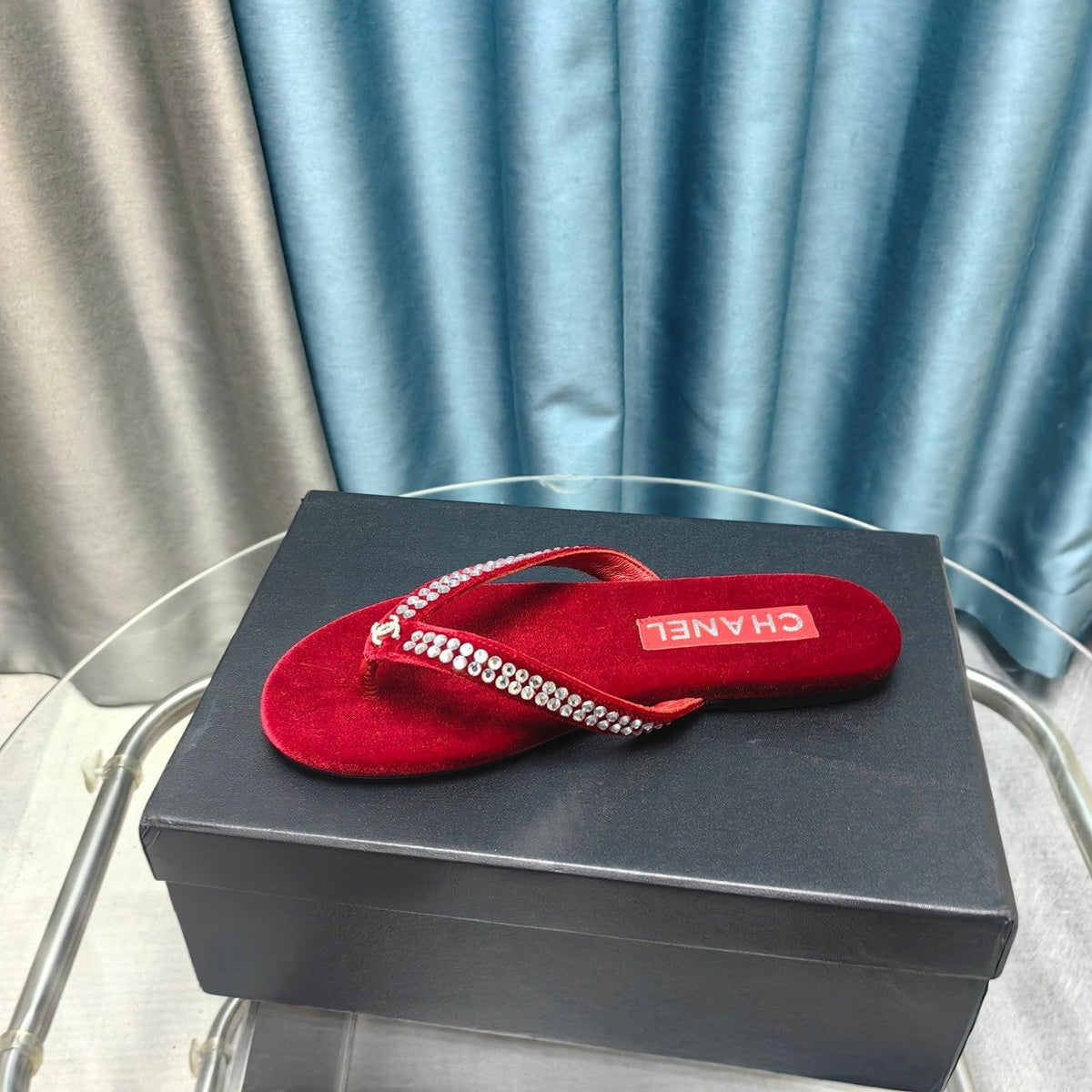CC Thong Red Velvet Silver Strass