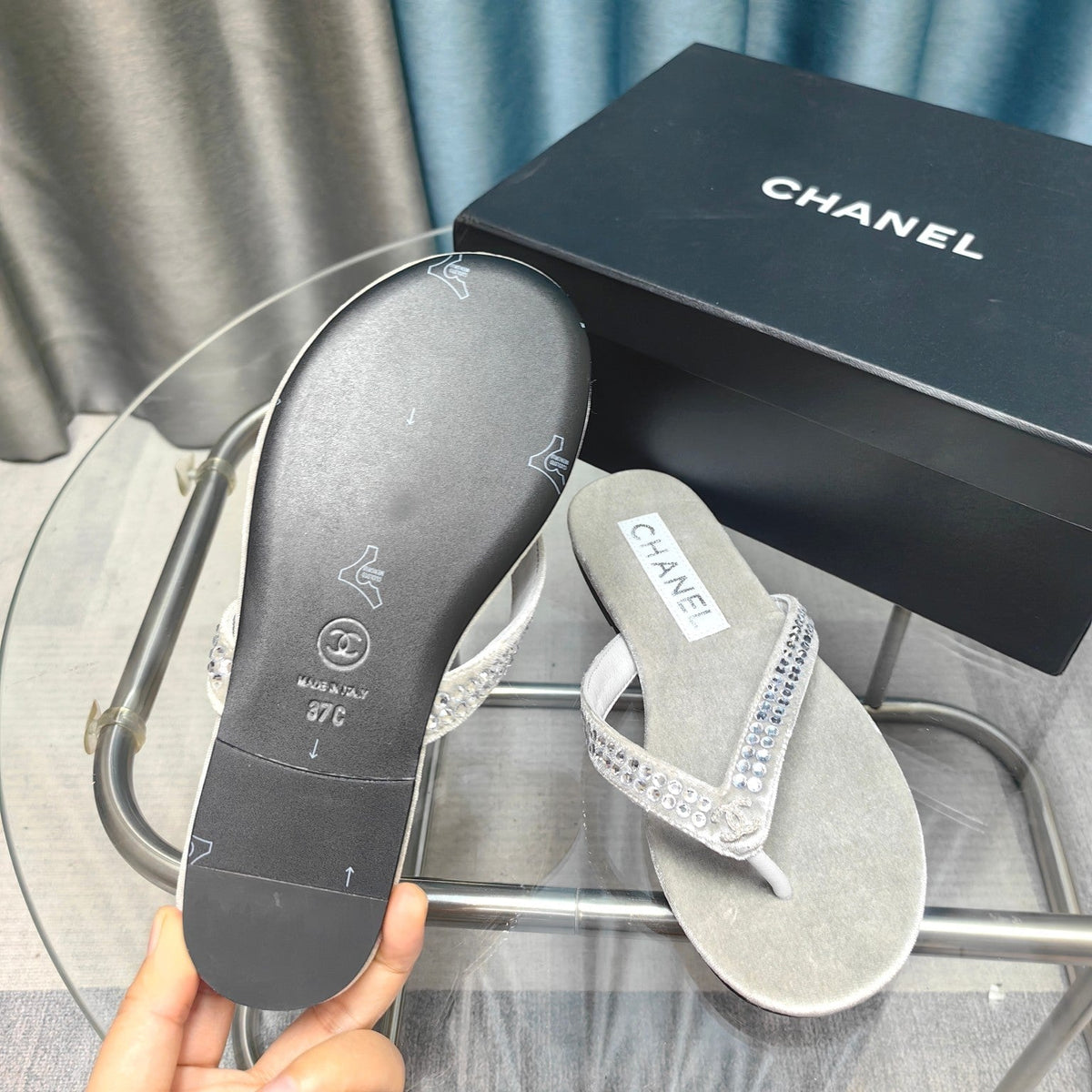 CC Thong Grey Velvet Silver Strass