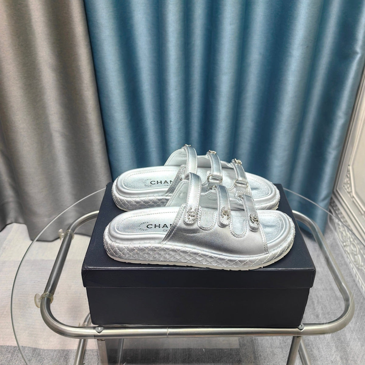 CC 25C Sandal Triple Straps Silver Calfskin
