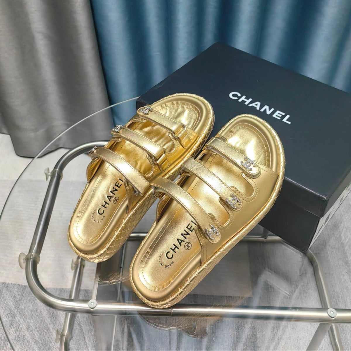 CC 25C Sandal Triple Straps Gold Calfskin