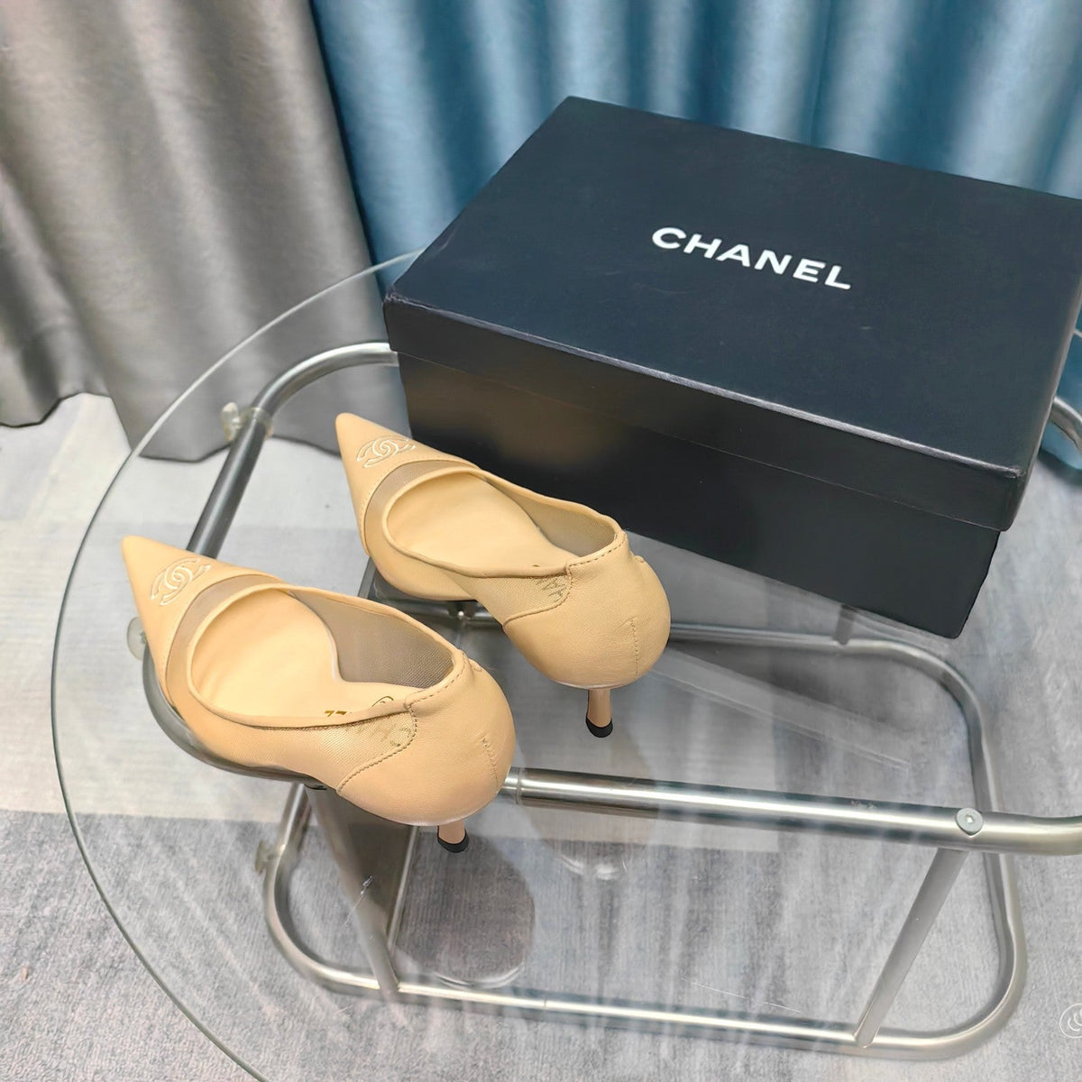 CC Pumps 50 Beige Mesh Leather Pointed Toe