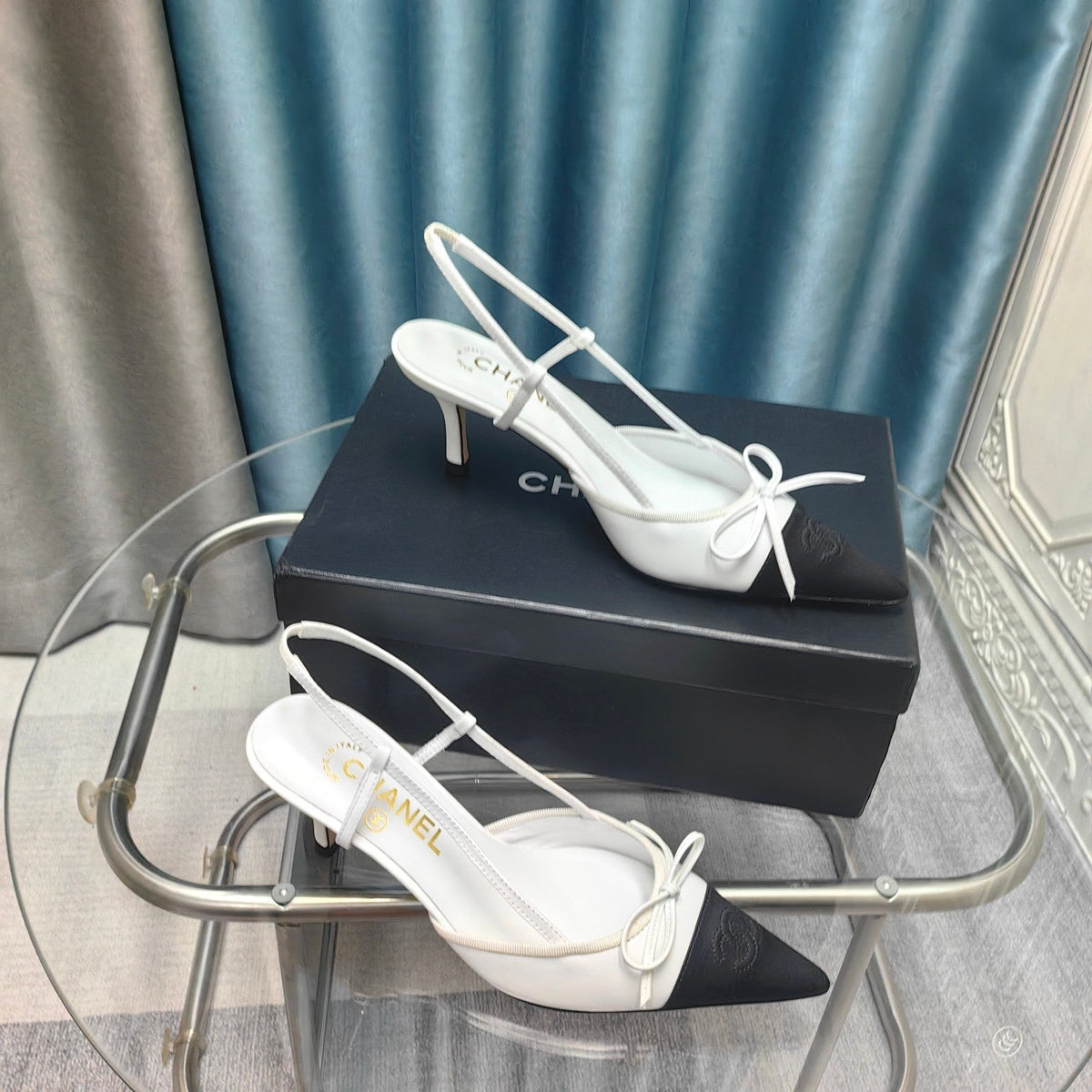 Slingback 50 White Calfskin Black Satin Pointed Toe