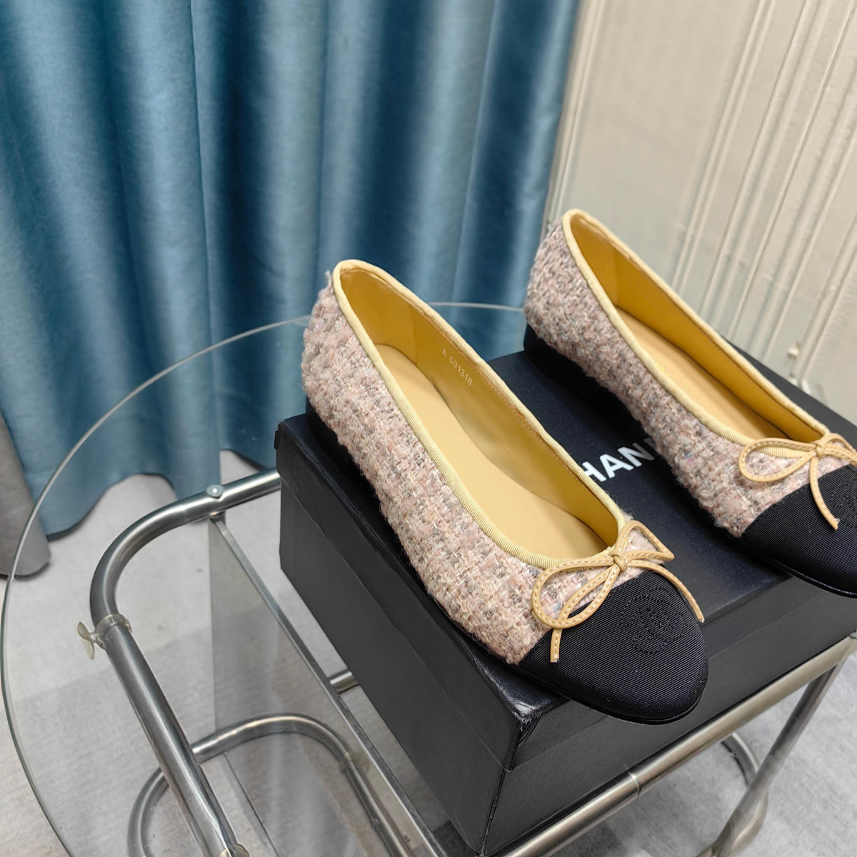CC 25P Ballet Flat Light Pink Tweed Black Grosgrain