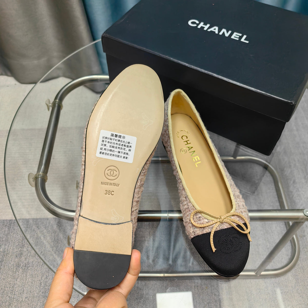 CC 25P Ballet Flat Light Pink Tweed Black Grosgrain