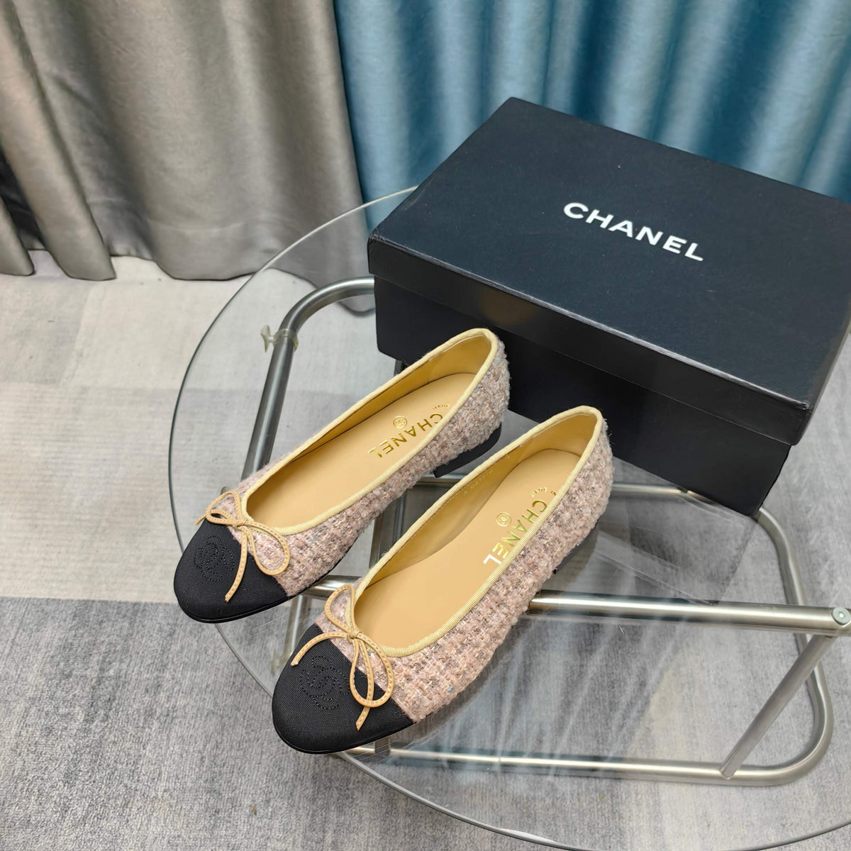 CC 25P Ballet Flat Light Pink Tweed Black Grosgrain