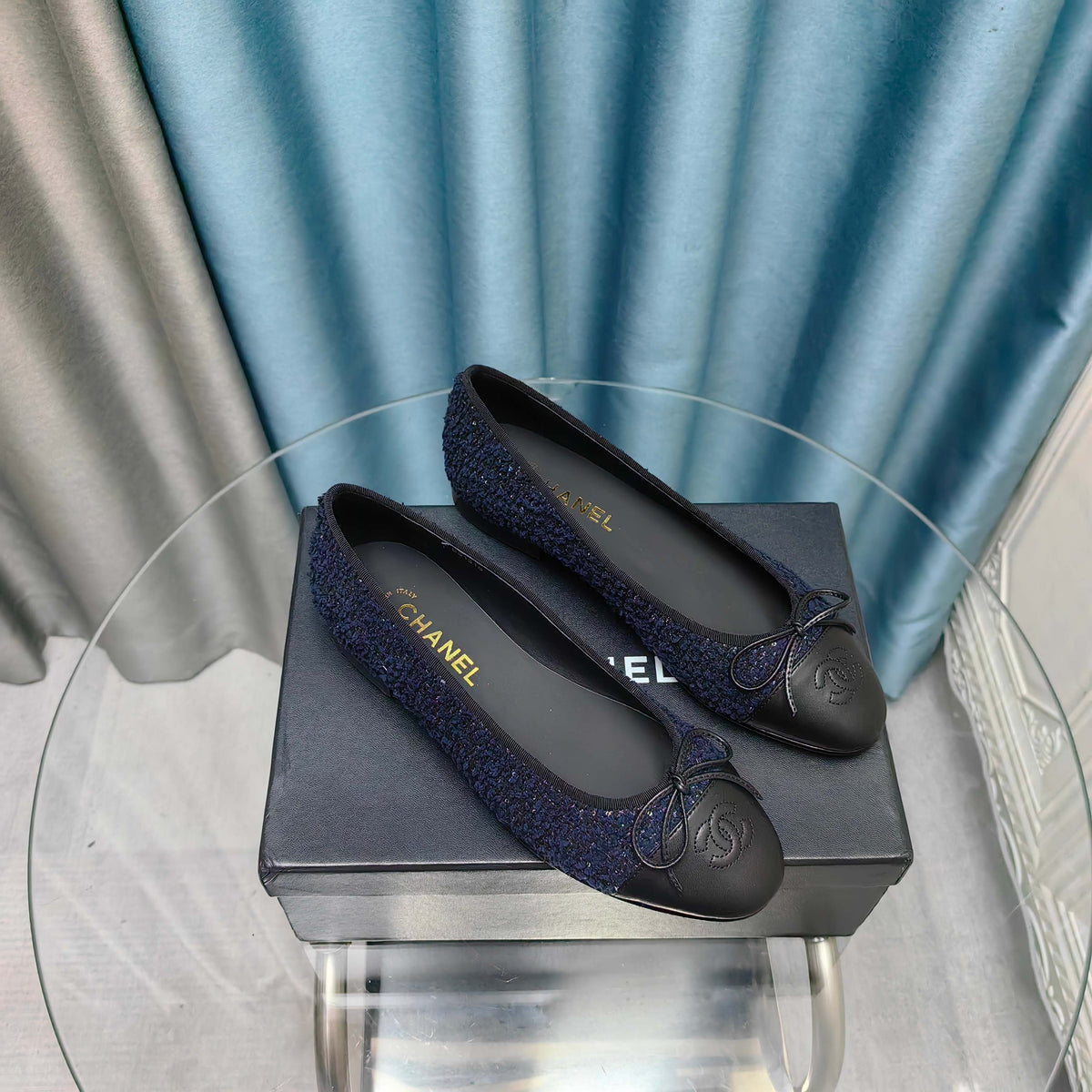 CC 25P Ballet Flat Dark Blue Tweed Black Calfskin