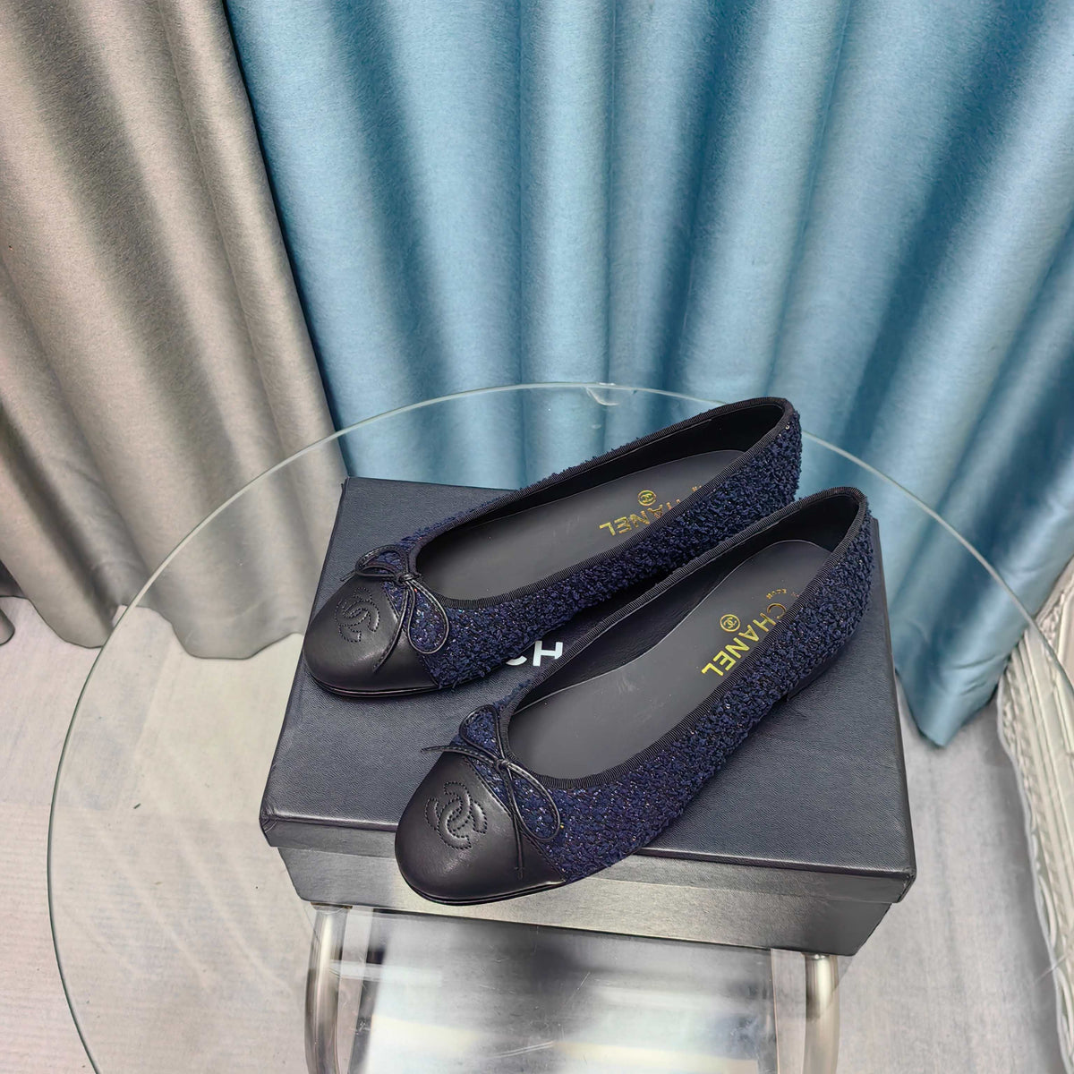 CC 25P Ballet Flat Dark Blue Tweed Black Calfskin