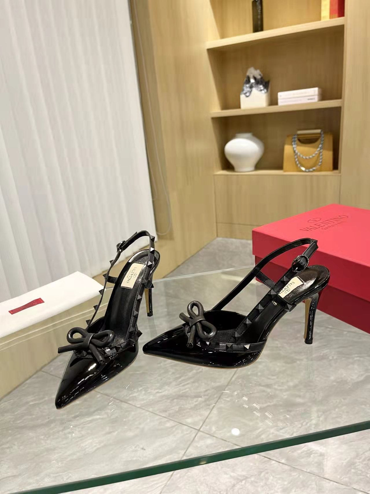 Valentino Rockstud Bow Slingback Pumps 95mm Patent Leather