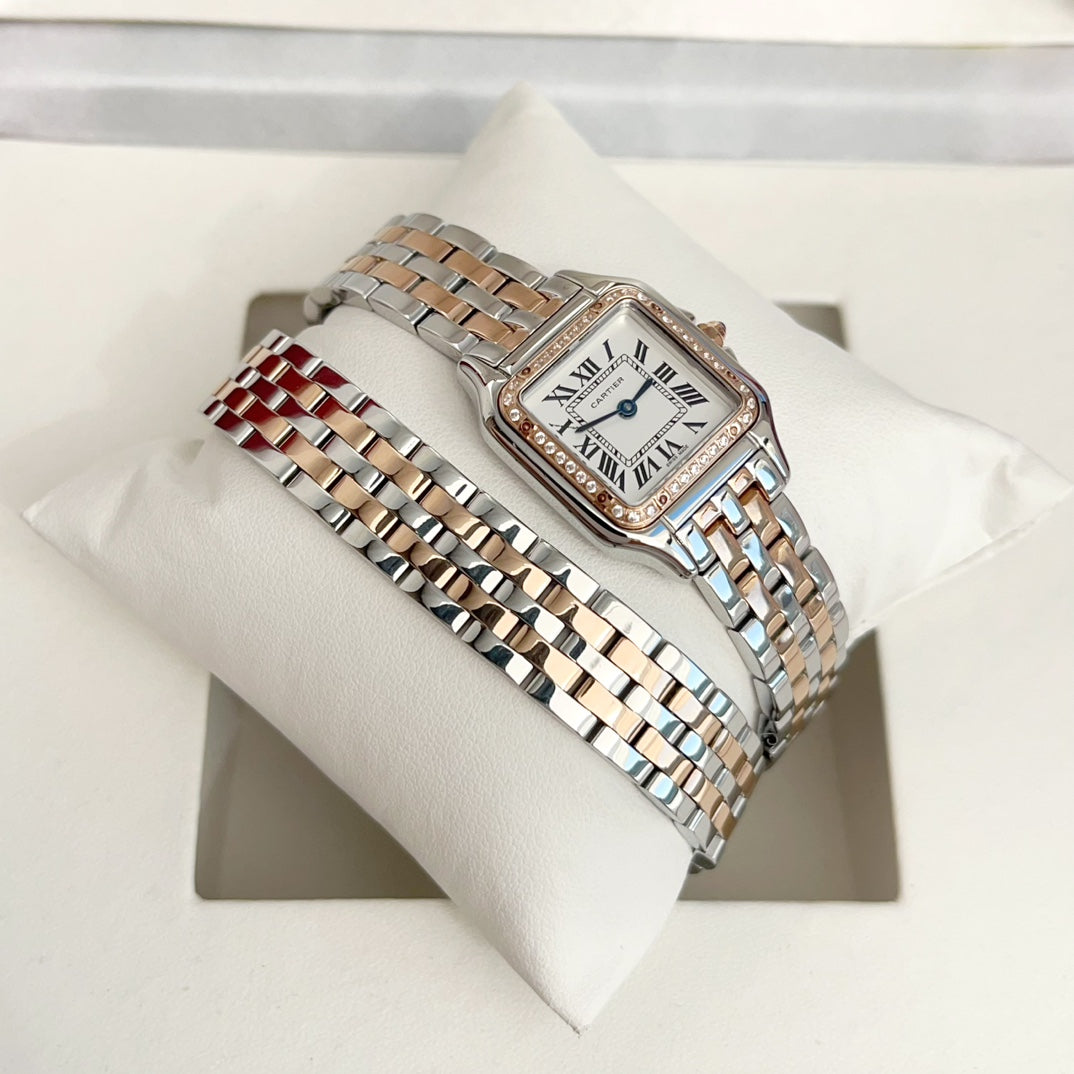 Panthere 22mm Pink Gold Silver Diamond Bezel Double Chain 44cm