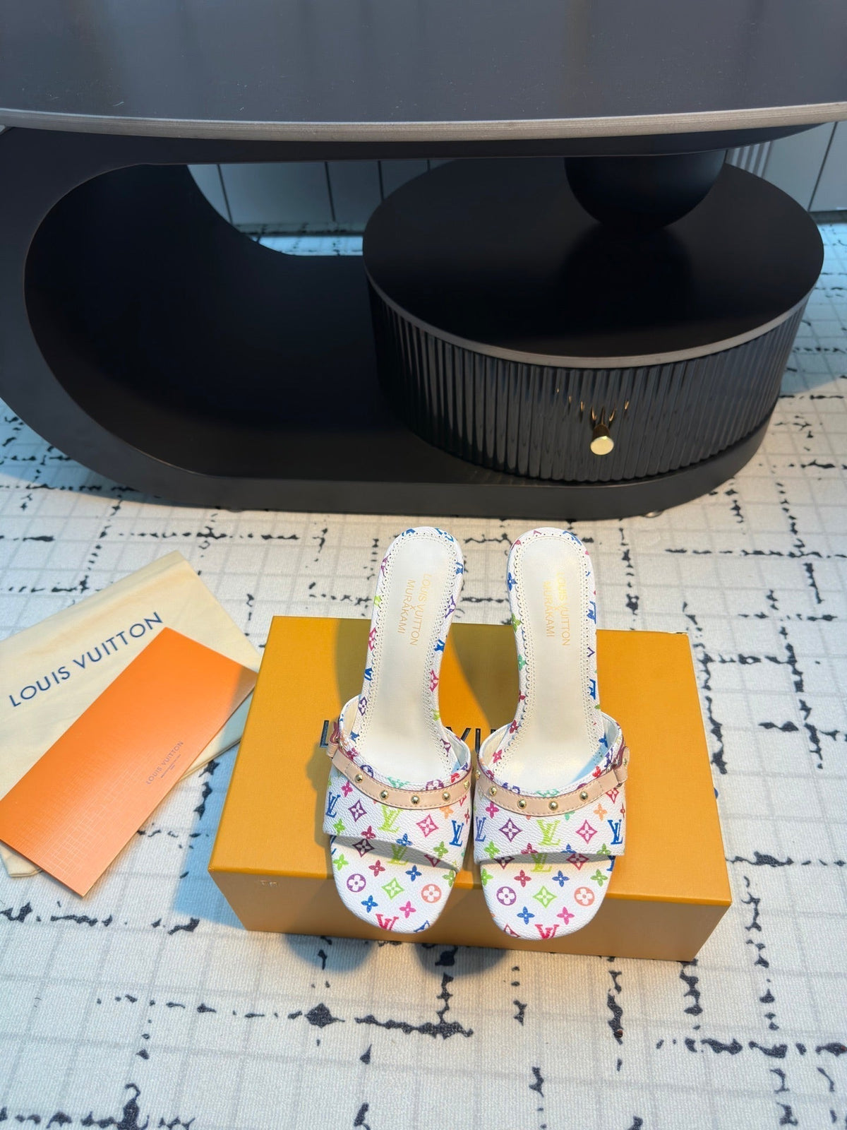 LV Mule 6AM LV x TM 95mm White with Monogram Multicolore Leather 218905