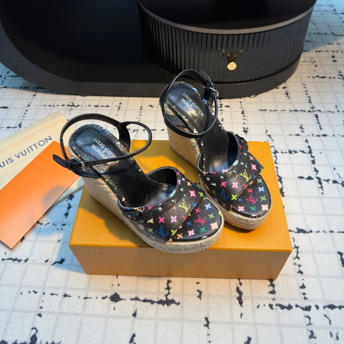 LV LV x TM Helios Wedge Sandal Black with Monogram Multicolore Leather 218917