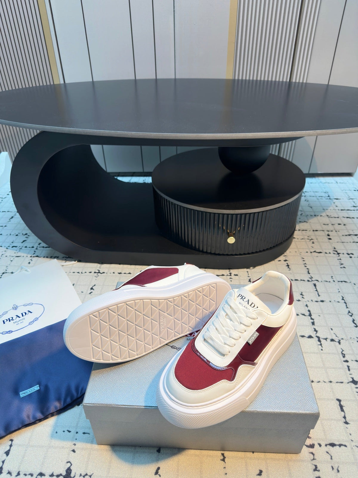 Prada 25s  Platform Sneakers White Red Cowhide 538422
