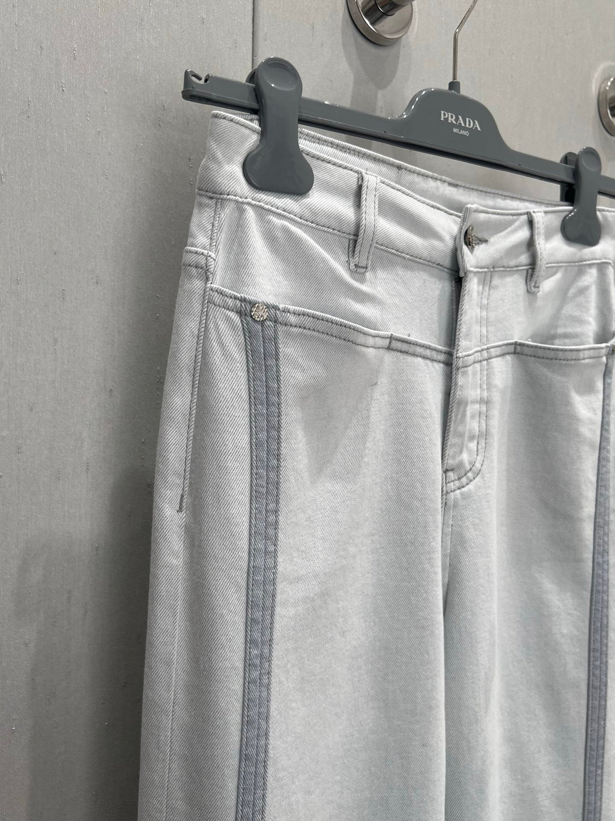 Prada 25 Vertical Striped Denim Pants White Cotton Polyester 215076