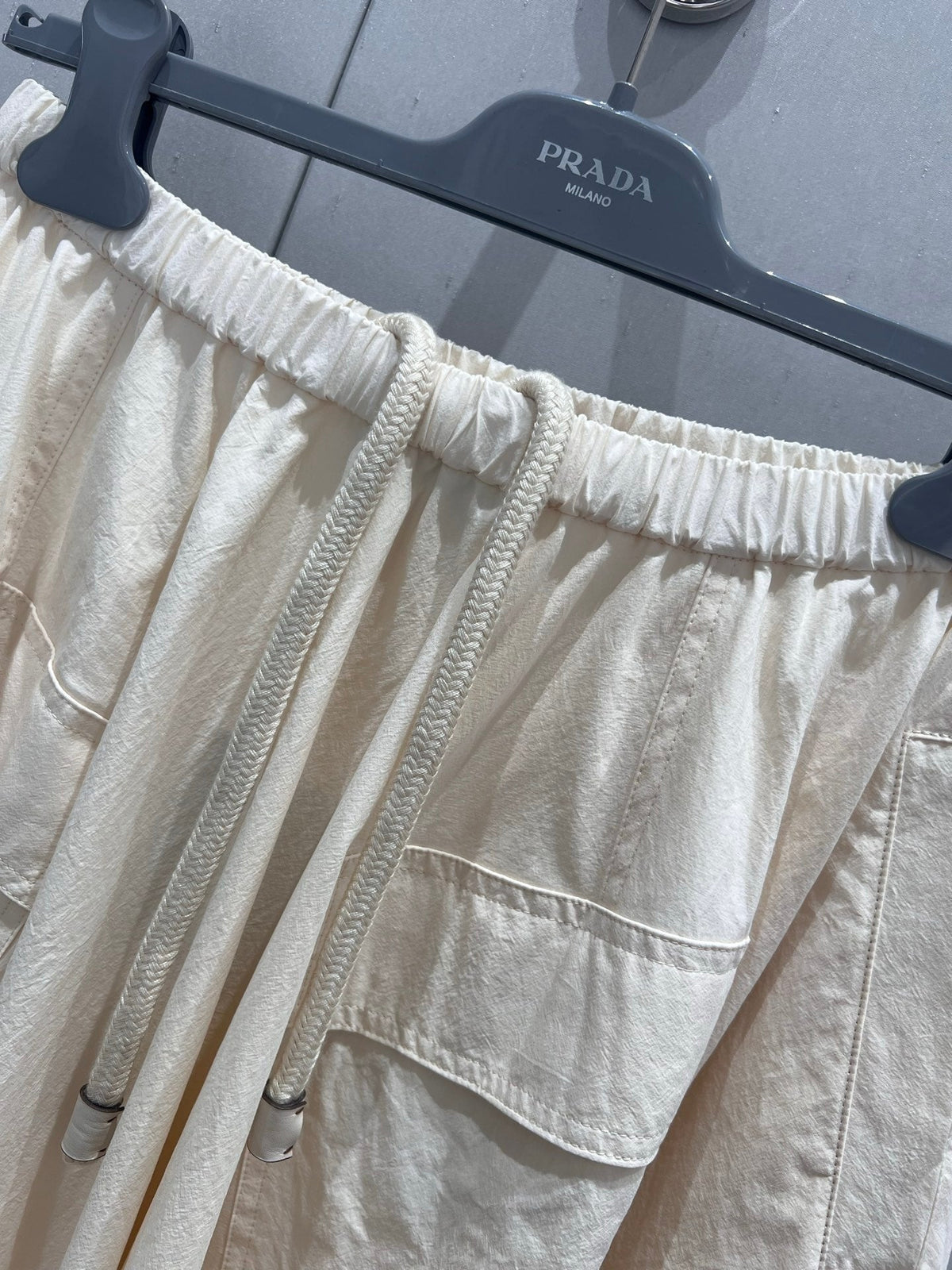 Prada 25 Drawstring Elastic Waist Umbrella Skirt Beige Cotton 215066