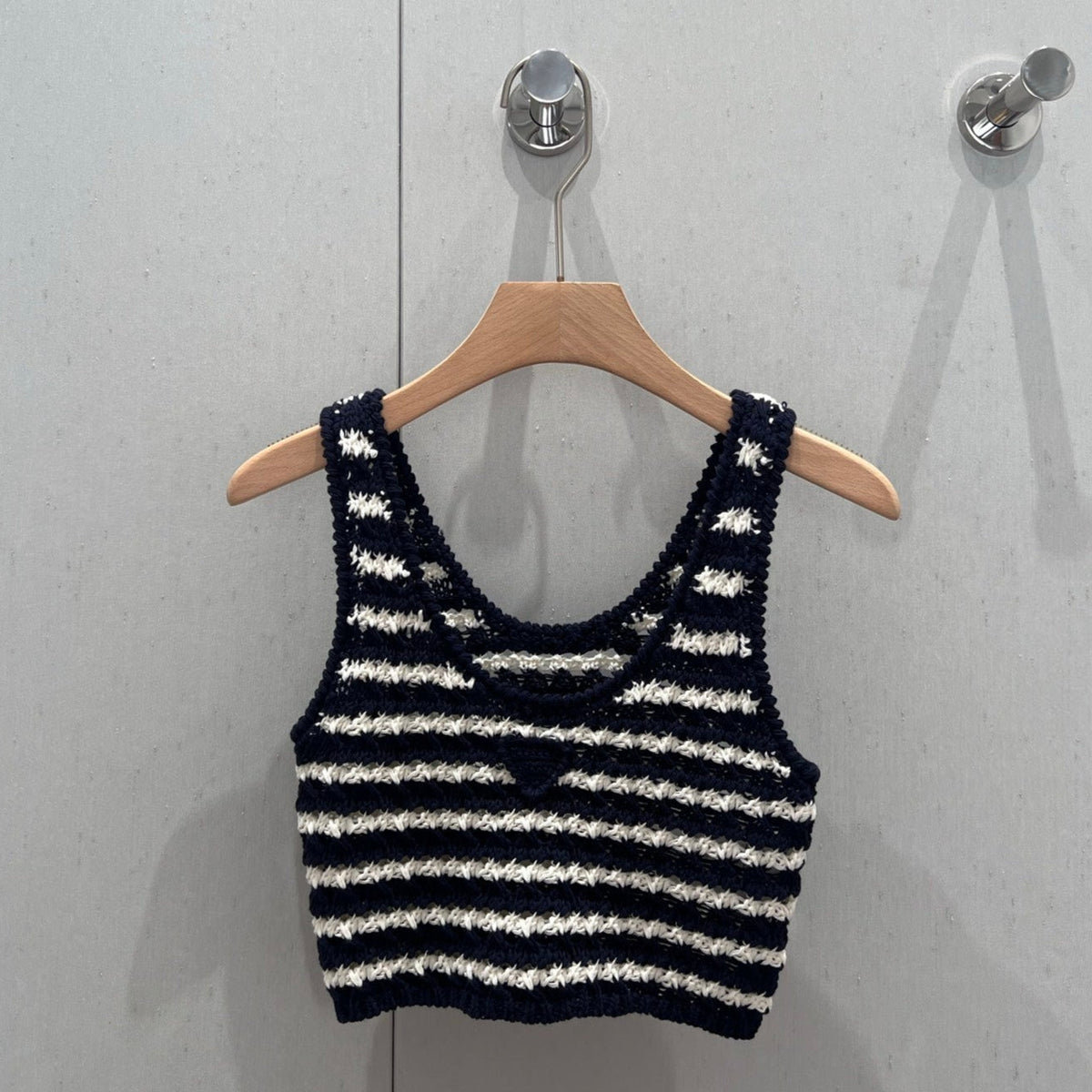 Prada 25 Striped Knitted Crop Top Navy Blue mix White Cotton 219409