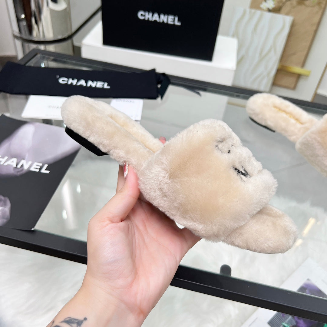 CC Slippers Beige With Black Lettering Fleece