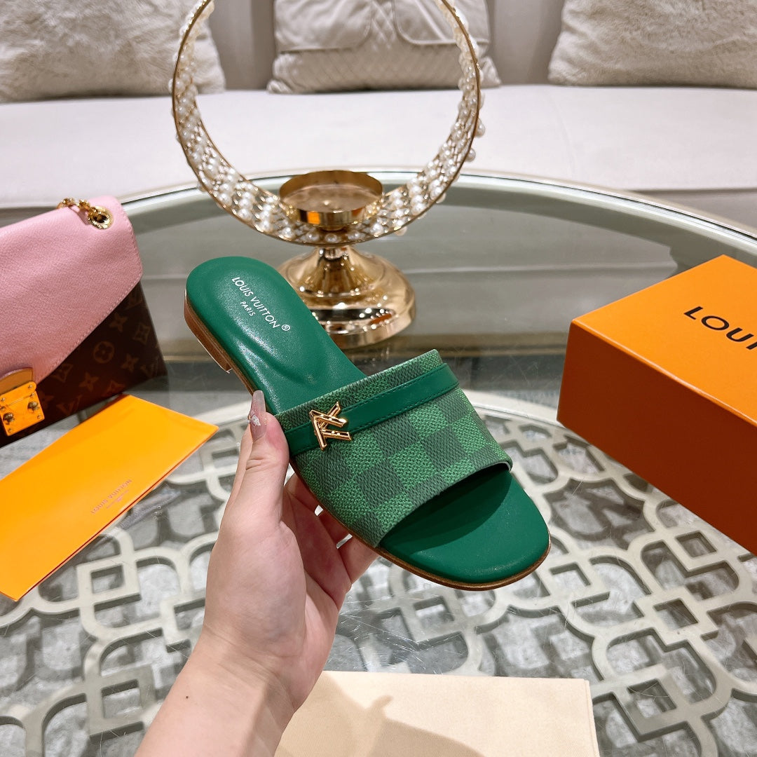 lv sandal isola flat mule green damier calfskin