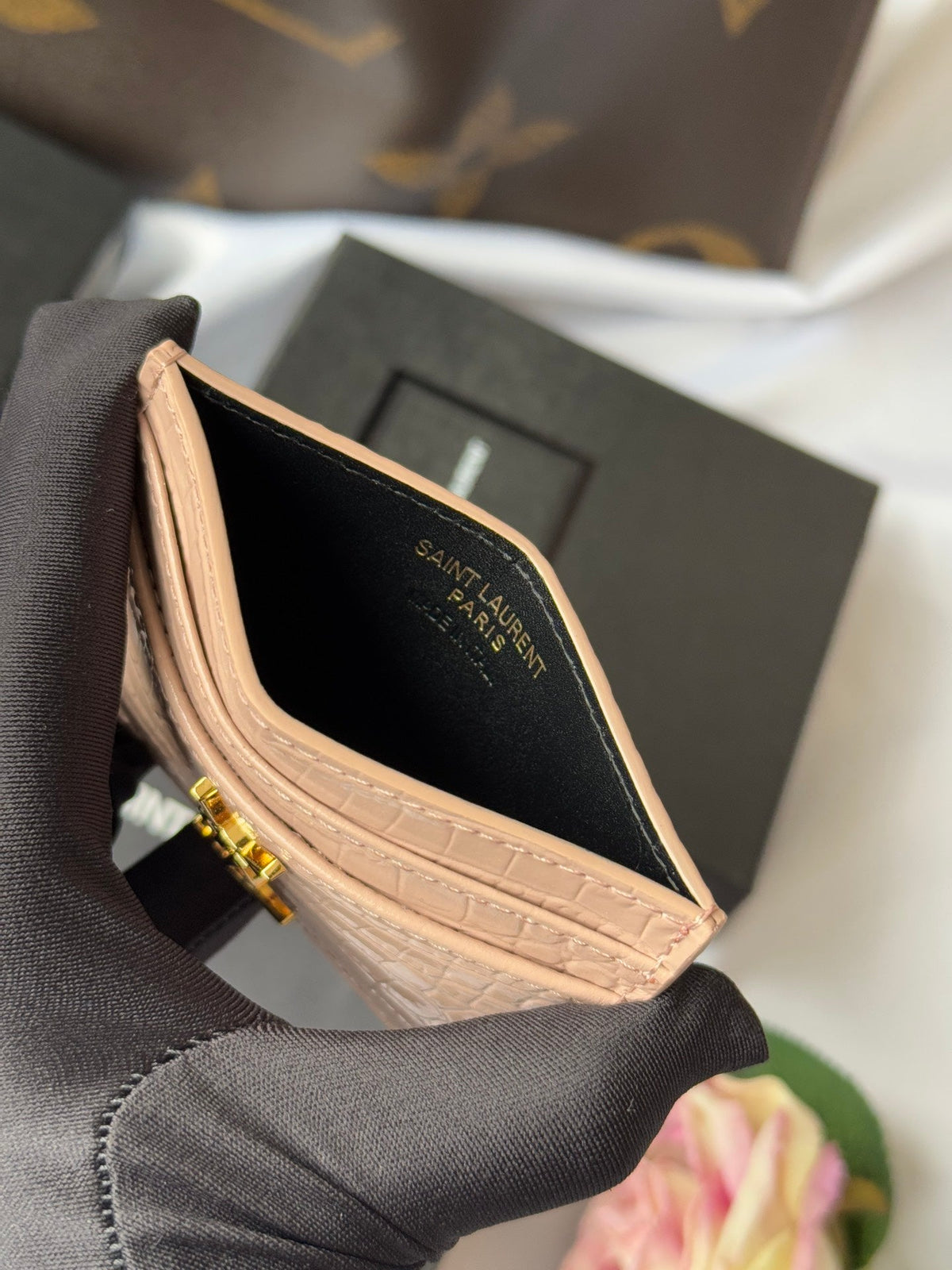YSL Card Holder 10cm Wallet Pink Gold Leather 240557
