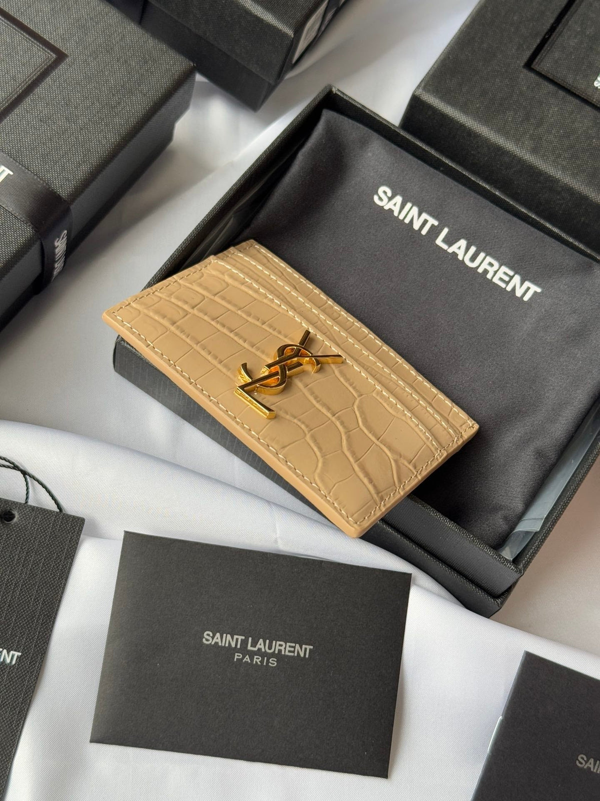 YSL Card Holder 10cm Wallet Beige Gold Leather 240555