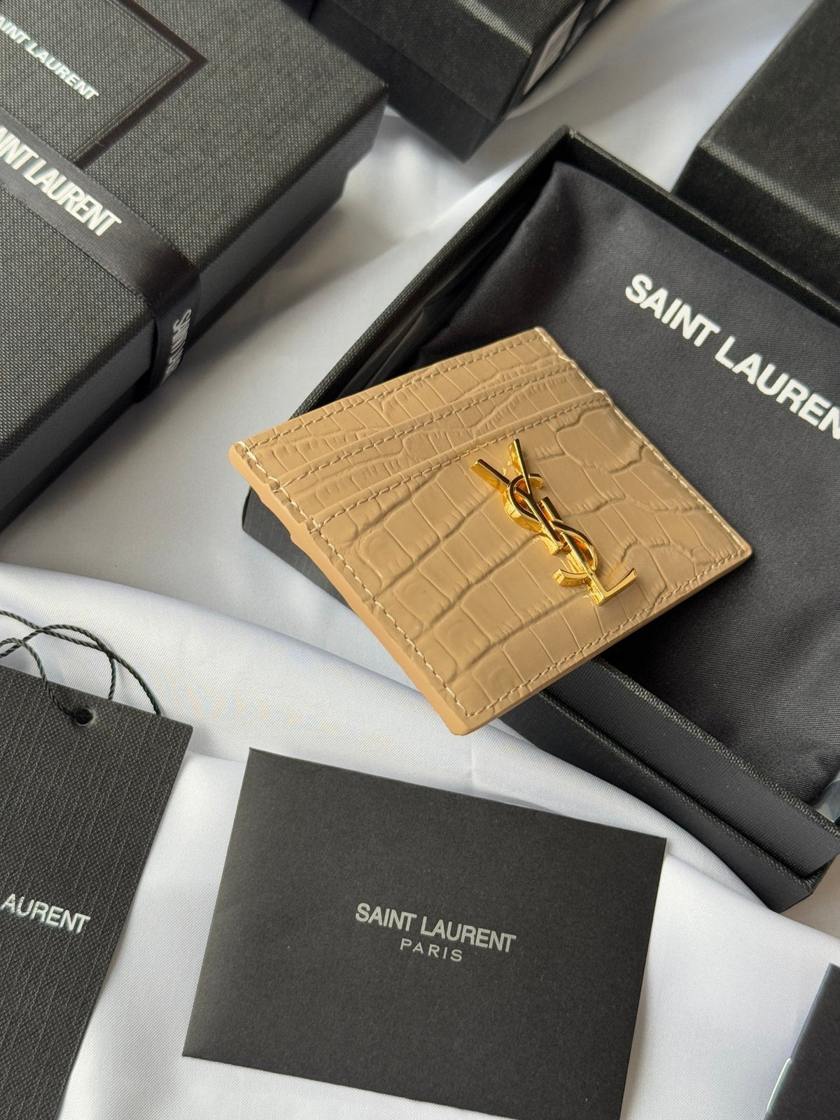 YSL Card Holder 10cm Wallet Beige Gold Leather 240555