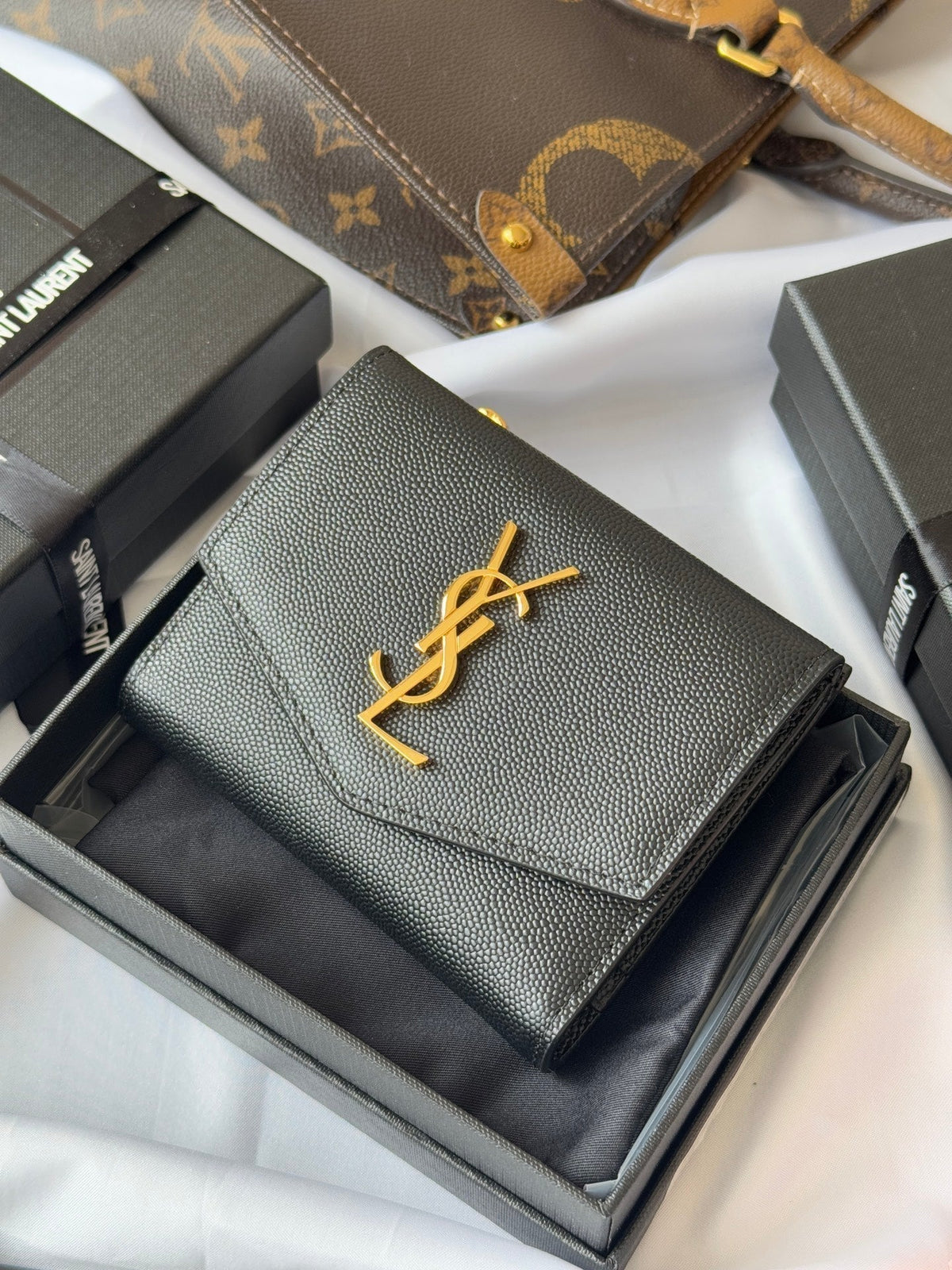 YSL Tri-fold Wallet Black Gold Cowhide 242754