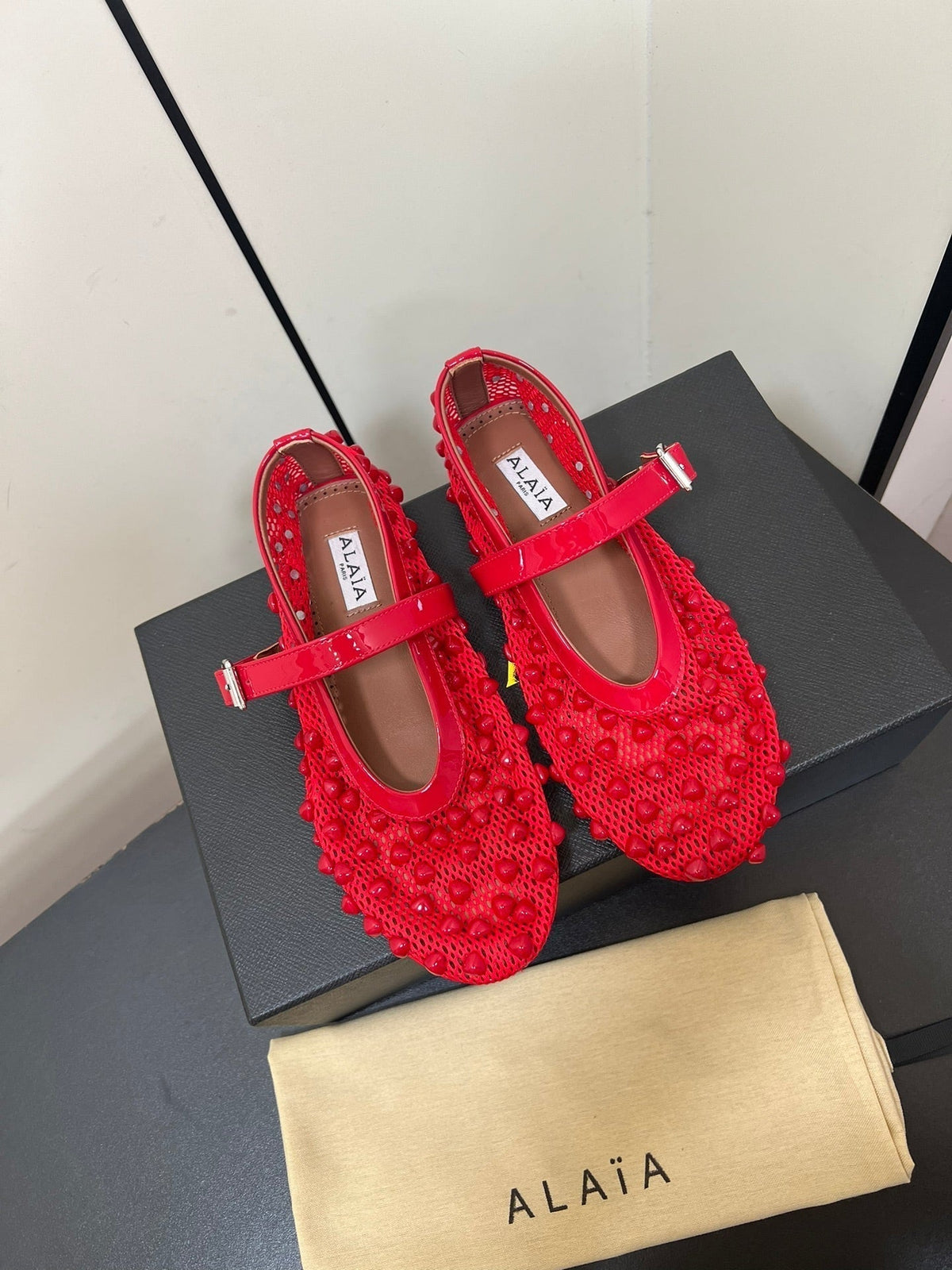Alaila Ballet Flats With Studs On Fishnet In Red  975749