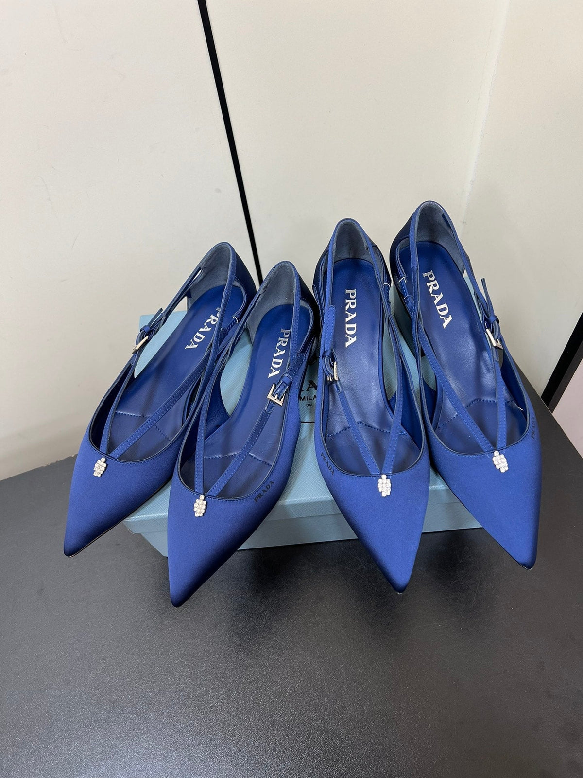 CUT-OUT BALLERINA FLAT IN NAVY BLUE SATIN ATTACHED BEAD BUCKLE